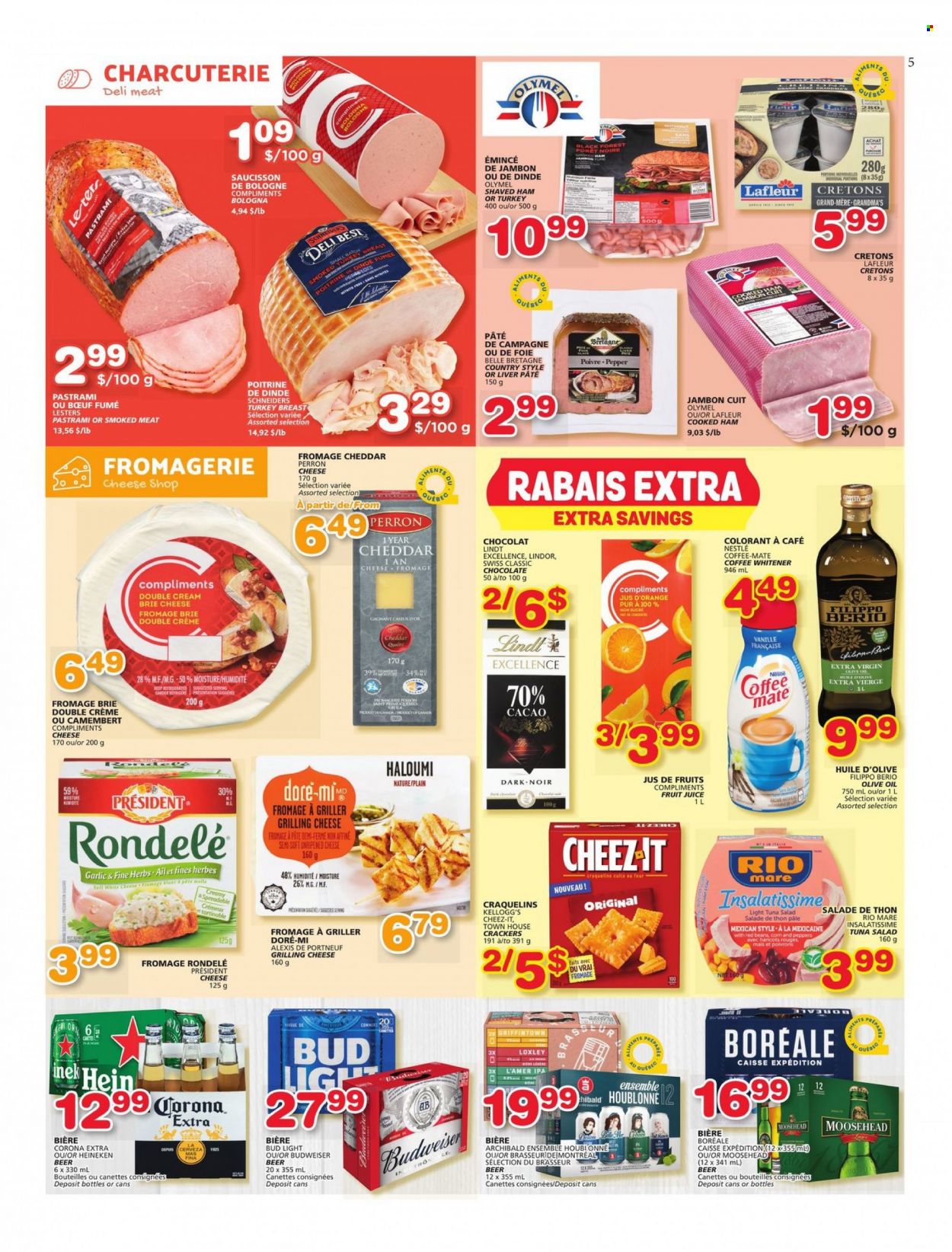 thumbnail - Les Marchés Tradition Flyer - May 12, 2022 - May 18, 2022 - Sales products - salad, tuna, cooked ham, ham, pastrami, bologna sausage, tuna salad, cheese, brie, Président, Coffee-Mate, chocolate, crackers, Kellogg's, Cheez-It, red beans, light tuna, pepper, herbs, extra virgin olive oil, olive oil, oil, juice, fruit juice, Ron Pelicano, beer, Bud Light, Corona Extra, Heineken, IPA, turkey breast, turkey, beef meat, Budweiser, camembert, Nestlé, Lindt, Lindor, oranges. Page 5.