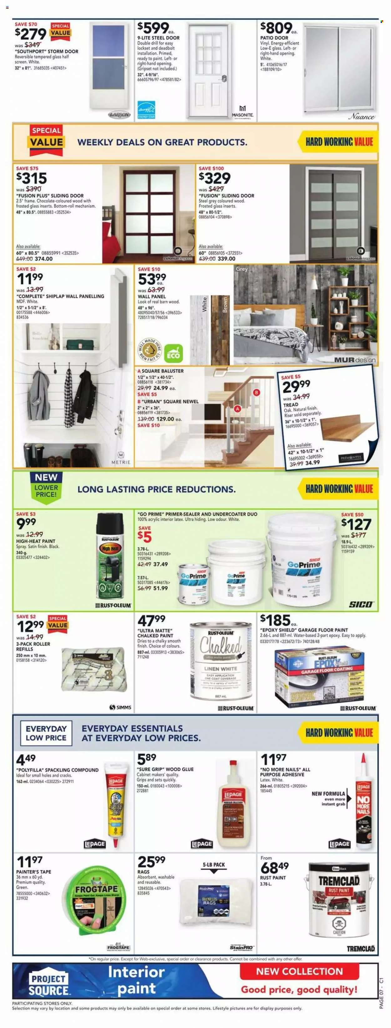 thumbnail - RONA Flyer - May 12, 2022 - May 18, 2022 - Sales products - rags, pan, shiplap, glue, linens, roller, cabinet, sliding door, adhesive, wall paneling, steel door, lockset, drill. Page 12.