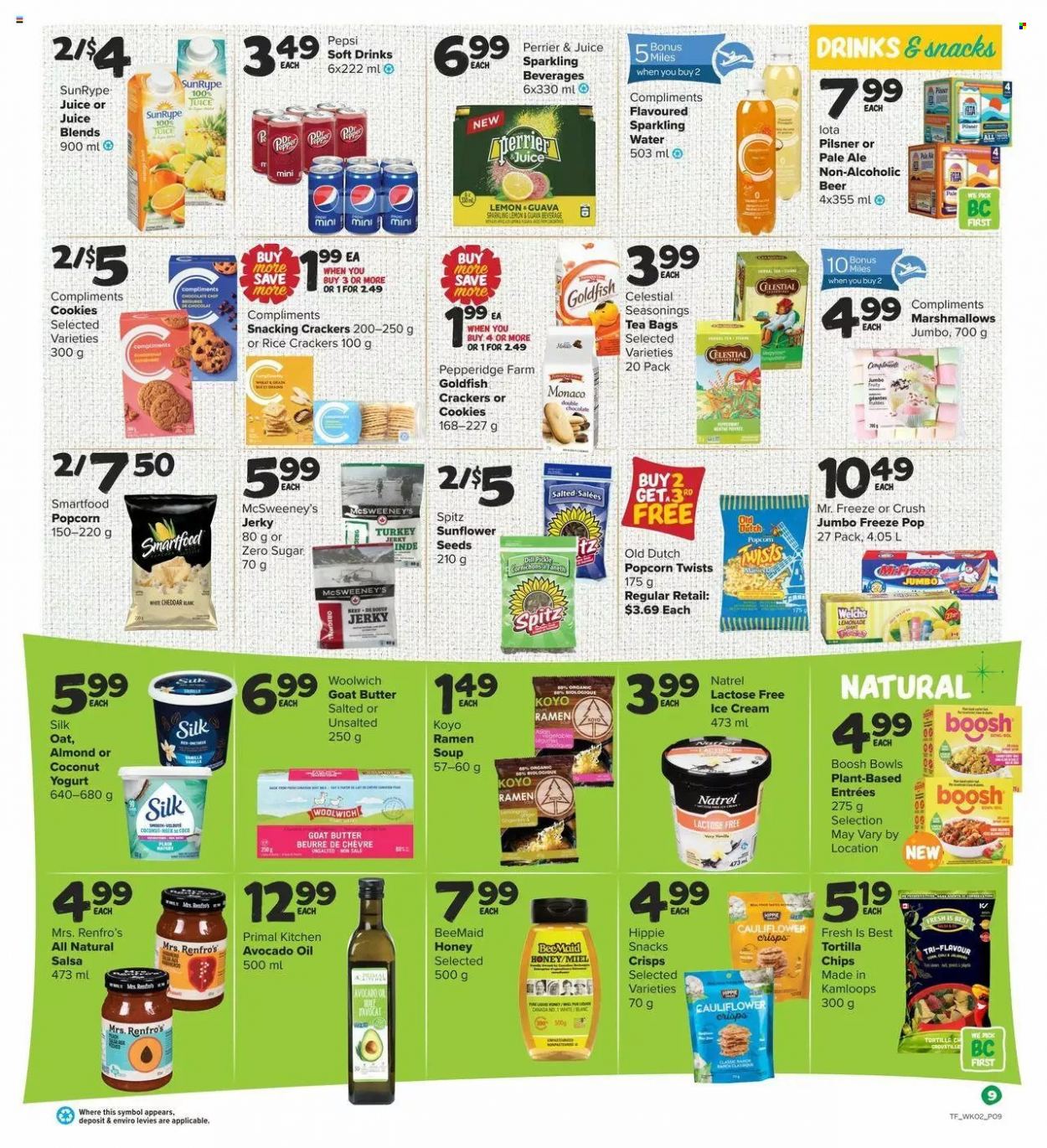 thumbnail - Thrifty Foods Flyer - May 12, 2022 - May 18, 2022 - Sales products - guava, coconut, Welch's, ramen, soup, jerky, cheese, yoghurt, Silk, butter, ice cream, cookies, marshmallows, crackers, tortilla chips, chips, Smartfood, popcorn, rice crackers, Goldfish, salsa, avocado oil, oil, honey, Pepsi, juice, soft drink, Perrier, sparkling water, tea bags, beer. Page 9.