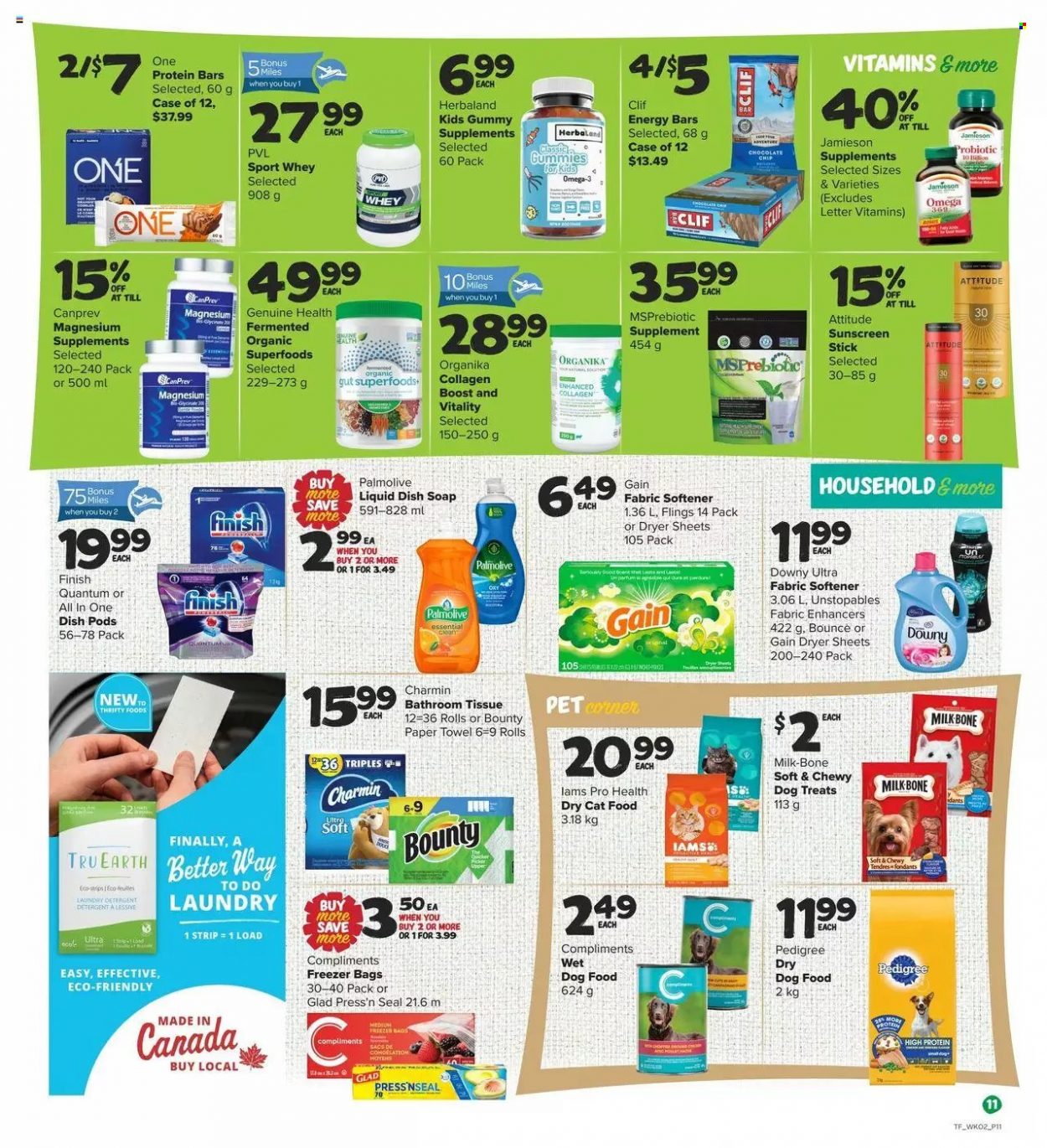thumbnail - Thrifty Foods Flyer - May 12, 2022 - May 18, 2022 - Sales products - milk, chocolate chips, Bounty, protein bar, energy bar, Boost, bath tissue, paper towels, Charmin, Gain, Unstopables, fabric softener, dryer sheets, Downy Laundry, Finish Powerball, Finish Quantum Ultimate, Palmolive, soap, magnesium, Omega-3, detergent. Page 11.