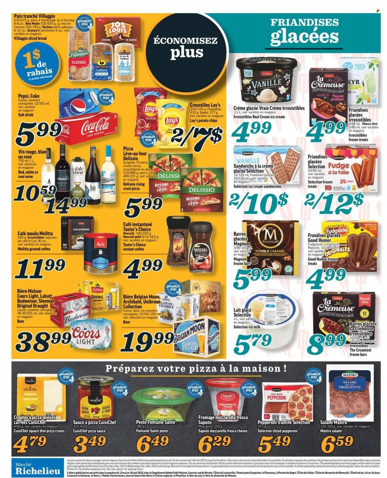 thumbnail - Marché Richelieu Flyer - May 12, 2022 - May 18, 2022 - Sales products - bread, hamburger, sauce, salami, prosciutto, pepperoni, milk, Magnum, ice cream, ice cream sandwich, fudge, potato chips, Lay’s, Classico, Coca-Cola, Pepsi, soft drink, instant coffee, ground coffee, coffee capsules, K-Cups, rosé wine, Richelieu, beer, Budweiser, pesto, Nescafé, Coors. Page 6.