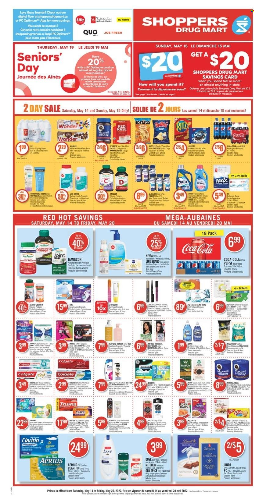 thumbnail - Shoppers Drug Mart Flyer - May 14, 2022 - May 20, 2022 - Sales products - milk chocolate, chocolate, Bounty, crackers, biscuit, RITZ, Ruffles, corn flakes, granola bar, spice, Coca-Cola, Pepsi, tea, Folgers, Nivea, Purex, soap, Root Touch-Up, Gillette, Tylenol, Omega-3, Glucerna, Motrin, Dove, Colgate, Old Spice, Oreo, Lindt, Nescafé. Page 1.