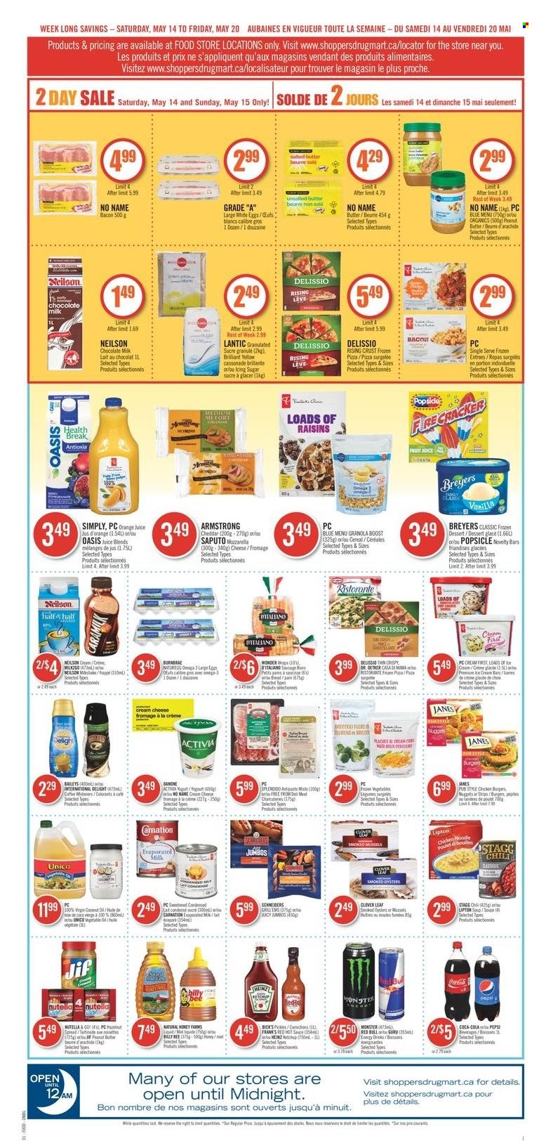 thumbnail - Shoppers Drug Mart Flyer - May 14, 2022 - May 20, 2022 - Sales products - milk chocolate, chocolate, sugar, sauce, cereals, hot sauce, honey, Jif, dried fruit, Coca-Cola, Pepsi, juice, Monster, Clover, Red Bull, Boost, coffee, Omega-3, granola, mozzarella, raisins, Nutella, Danone, Lipton. Page 4.