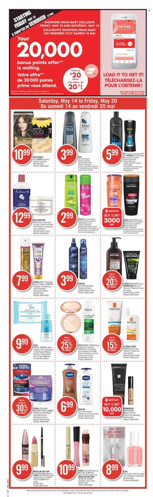 thumbnail - Circulaire Shoppers Drug Mart - 14 Mai 2022 - 20 Mai 2022 - Produits soldés - lingettes, Dove, shampooing, L'Oréal, Maybelline, body, Fructis. Page 14.