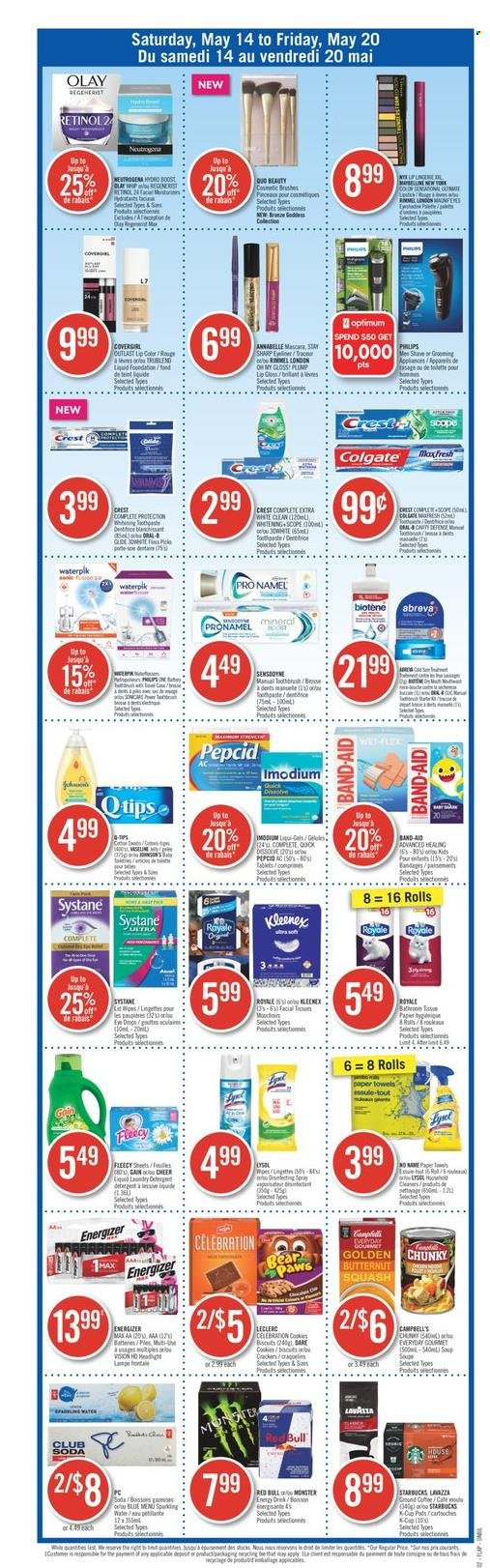 thumbnail - Shoppers Drug Mart Flyer - May 14, 2022 - May 20, 2022 - Sales products - Philips, Celebration, soup, Campbell's, Monster, Red Bull, Monster Energy, Club Soda, coffee, Starbucks, Kleenex, kitchen towels, paper towels, Gain, Biotene, toothpaste, Crest, Abreva, Olay, lip gloss, Vans, band-aid, Energizer, Colgate, Neutrogena, Systane, Imodium, Sensodyne. Page 15.
