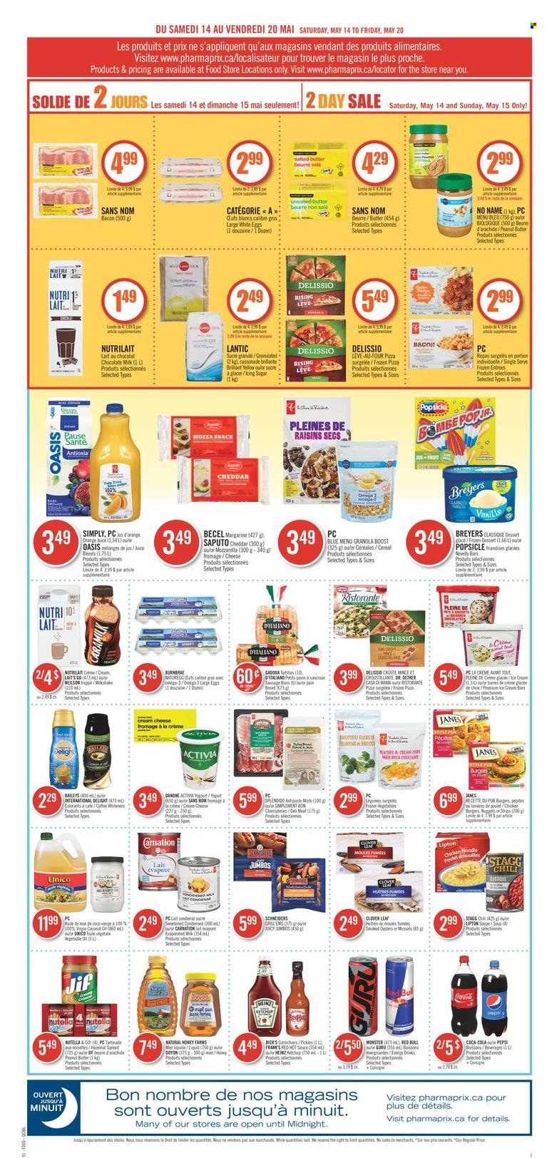 thumbnail - Pharmaprix Flyer - May 14, 2022 - May 20, 2022 - Sales products - buns, clams, oysters, No Name, pizza, soup, bacon, cream cheese, cheddar, Clover, Activia, butter, margarine, chocolate, cereals, honey, Jif, dried fruit, Coca-Cola, Monster, Red Bull, Boost, lid, Omega-3, granola, LG, raisins, Nutella, Danone, Lipton, oranges. Page 4.