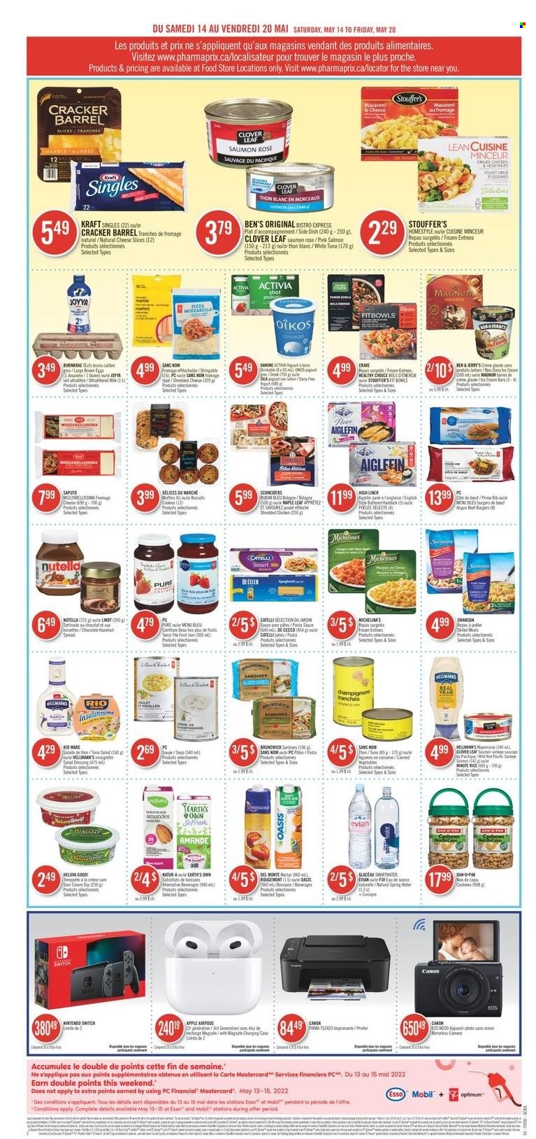 thumbnail - Pharmaprix Flyer - May 14, 2022 - May 20, 2022 - Sales products - Apple, sardines, tuna, macaroni & cheese, pasta sauce, soup, hamburger, sauce, Kraft®, sandwich slices, sliced cheese, Kraft Singles, Clover, Activia, Oikos, dip, Magnum, Stouffer's, cookies, chocolate, crackers, fruit jam, cashews, switch, Oros, Evian, rosé wine, pot, pen, Airpods, rose, Canon, mozzarella, Nutella, Danone, Lindt. Page 5.
