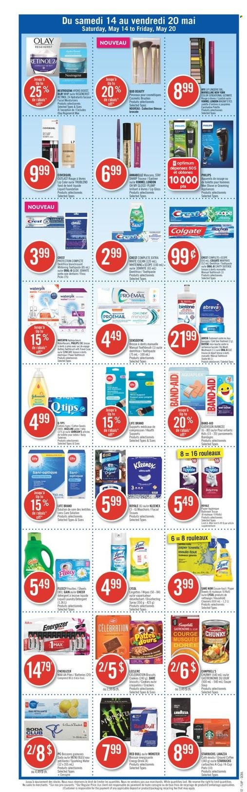 thumbnail - Pharmaprix Flyer - May 14, 2022 - May 20, 2022 - Sales products - Campbell's, cookies, Celebration, Red Bull, soda, Starbucks, Kleenex, kitchen towels, paper towels, Gain, Lysol, Biotene, Crest, Abreva, Olay, lip gloss, Rimmel, cup, Sharp, pump, band-aid, detergent, Energizer, Colgate, Neutrogena. Page 14.