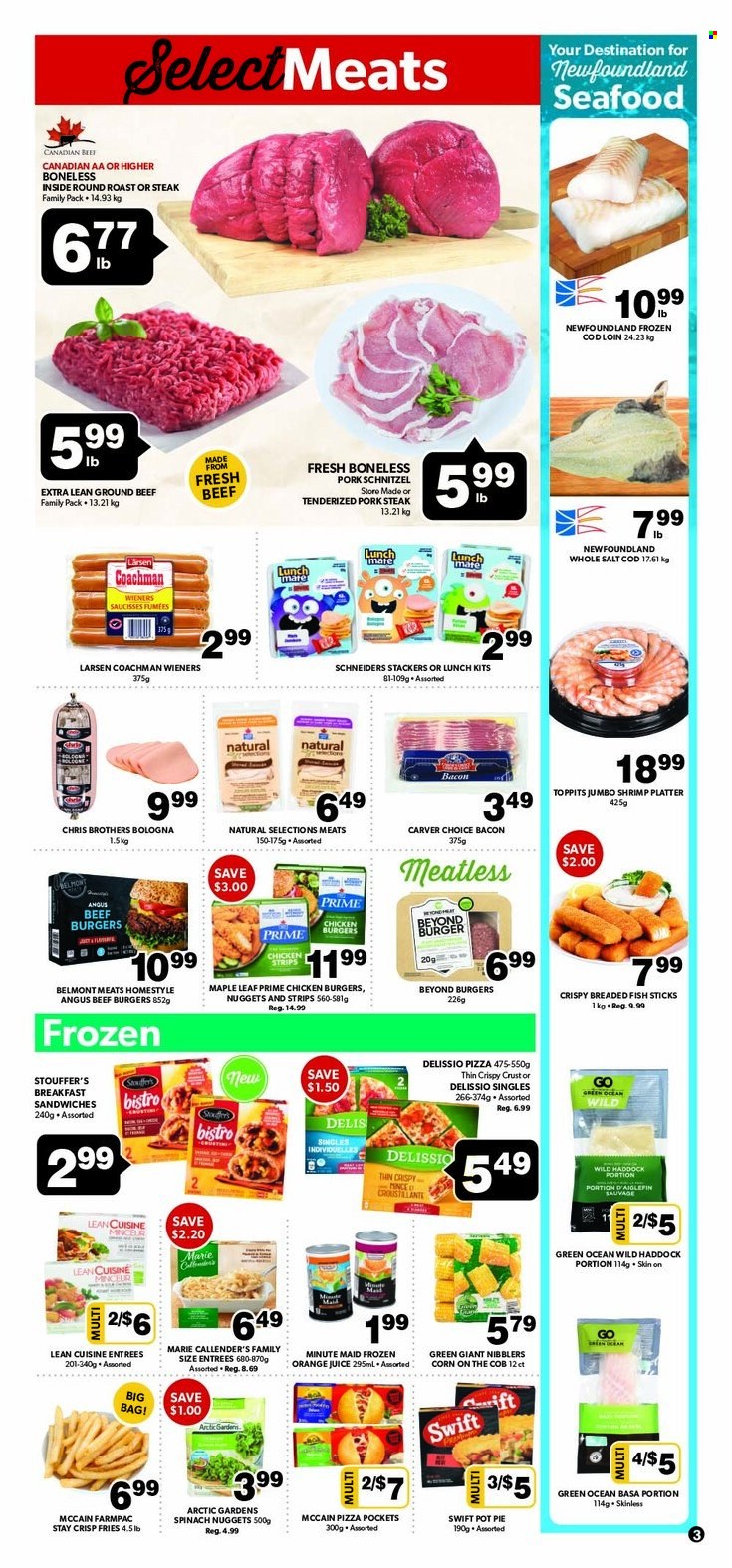thumbnail - Colemans Flyer - May 12, 2022 - May 18, 2022 - Sales products - pie, pot pie, corn, cod, haddock, seafood, fish, shrimps, fish fingers, fish sticks, pizza, nuggets, hamburger, schnitzel, beef burger, Lean Cuisine, Marie Callender's, breaded fish, bacon, bologna sausage, strips, chicken strips, Stouffer's, McCain, potato fries, orange juice, juice, fruit punch, BROTHERS, beef meat, ground beef, pork chops, pork meat, bag, pot, steak. Page 3.