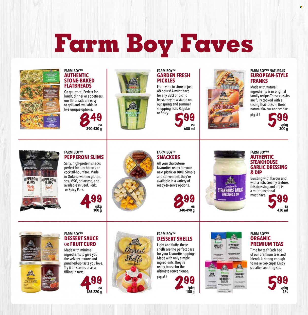 thumbnail - Farm Boy Flyer - May 12, 2022 - May 18, 2022 - Sales products - dessert shells, garlic, pepperoni, curd, snack, pickles, dressing, tea. Page 8.