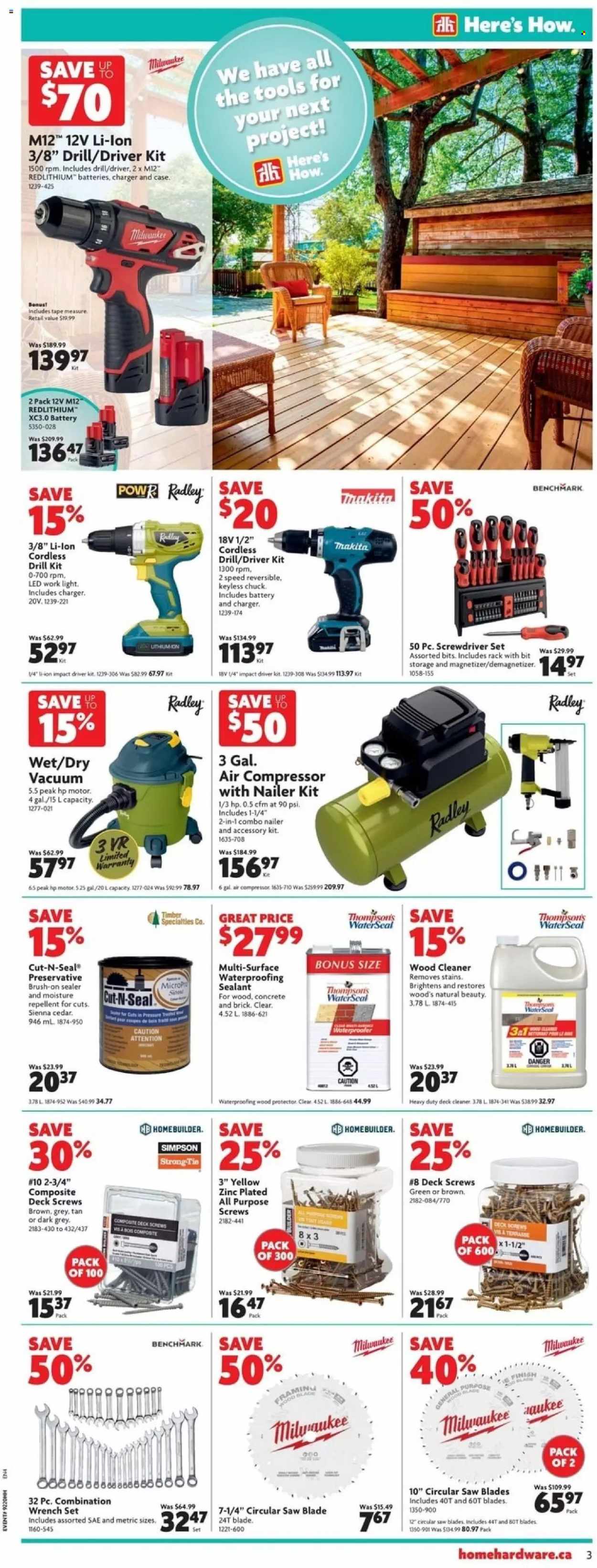 thumbnail - Home Hardware Flyer - May 12, 2022 - May 18, 2022 - Sales products - cleaner, repellent, vacuum cleaner, Milwaukee, drill, screwdriver, impact driver, circular saw blade, wrench set, screwdriver set, air compressor, measuring tape. Page 4.
