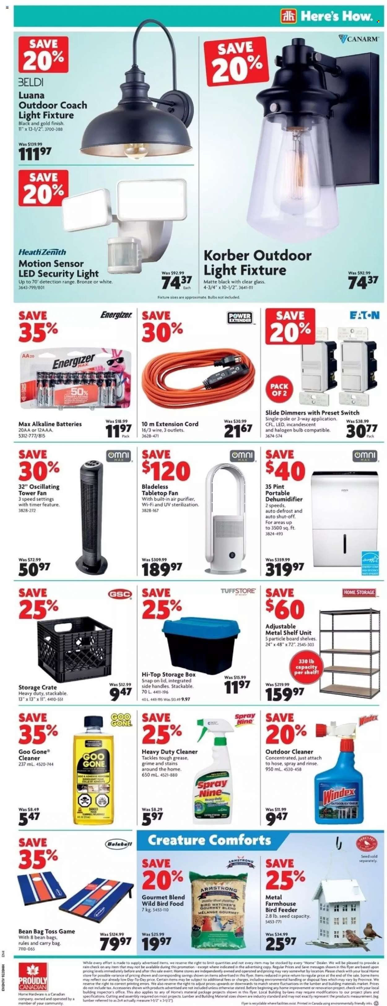 thumbnail - Home Hardware Flyer - May 12, 2022 - May 18, 2022 - Sales products - Windex, cleaner, air purifier, stand fan, storage box, bean bag, shelf unit, switch, extension cord, crate, plant seeds, battery, Energizer. Page 9.
