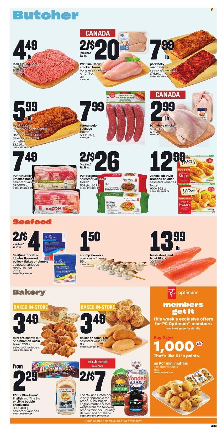 thumbnail - Zehrs Flyer - May 12, 2022 - May 18, 2022 - Sales products - bagels, english muffins, tortillas, croissant, panini, buns, wraps, brownies, cod, lobster, trout, king crab, pollock, seafood, crab, shrimps, nuggets, hamburger, fried chicken, bacon, Country Harvest, strips, snack, snack cake, whole chicken, chicken, beef meat, ground beef, beef brisket, pork belly, pork meat, Optimum. Page 4.
