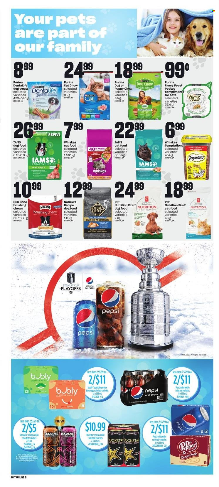 thumbnail - Zehrs Flyer - May 12, 2022 - May 18, 2022 - Sales products - milk, chewing gum, pepper, Pepsi, energy drink, soft drink, Rockstar, sparkling water, cup, animal food, PREMIERE, cat food, dog food, Dog Chow, Purina, Dentalife, Fancy Feast, Iams, Stanley, Whiskas. Page 12.