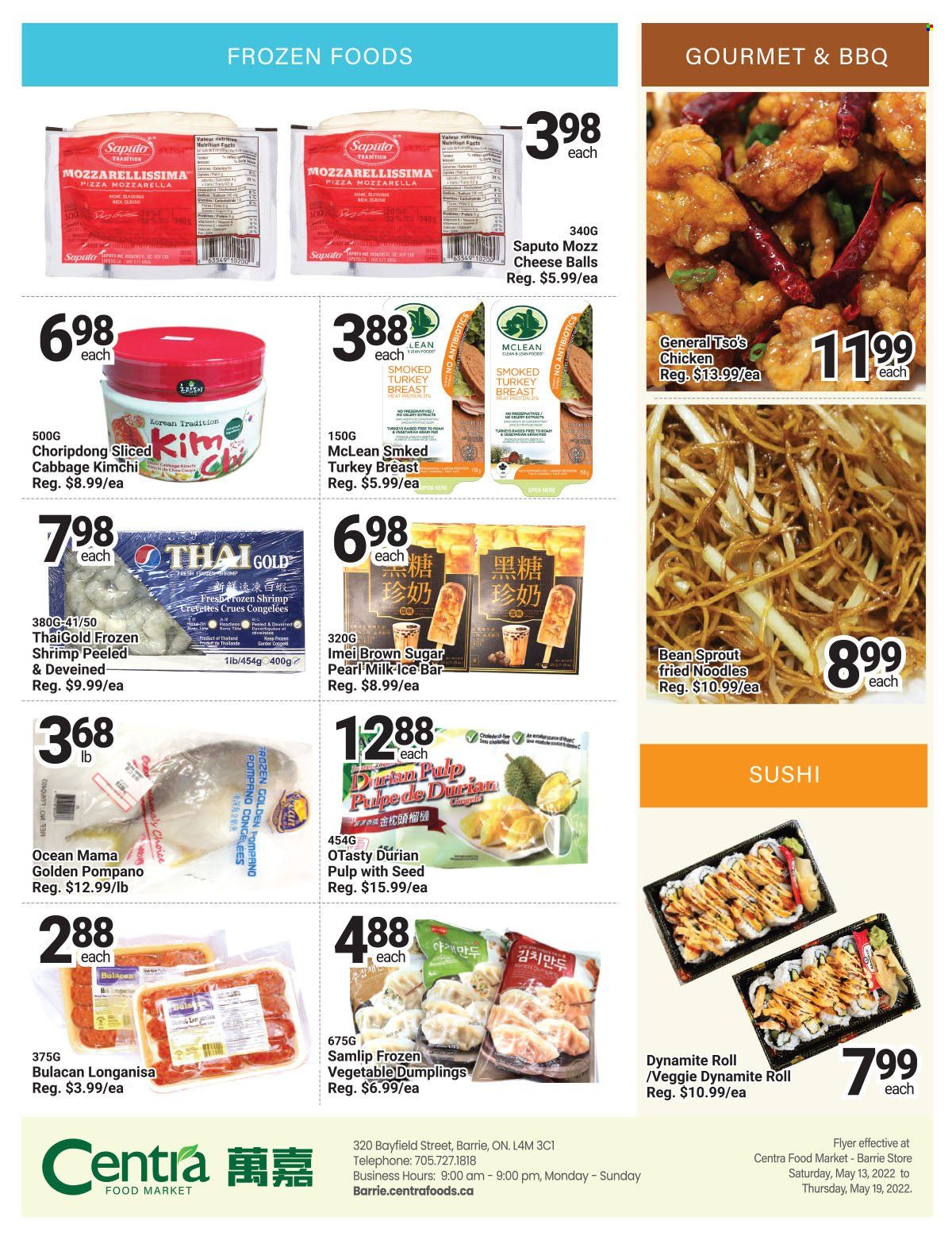 thumbnail - Centra Food Market Flyer - May 13, 2022 - May 19, 2022 - Sales products - cabbage, pompano, shrimps, pizza, dumplings, noodles, milk, cane sugar, turkey. Page 4.