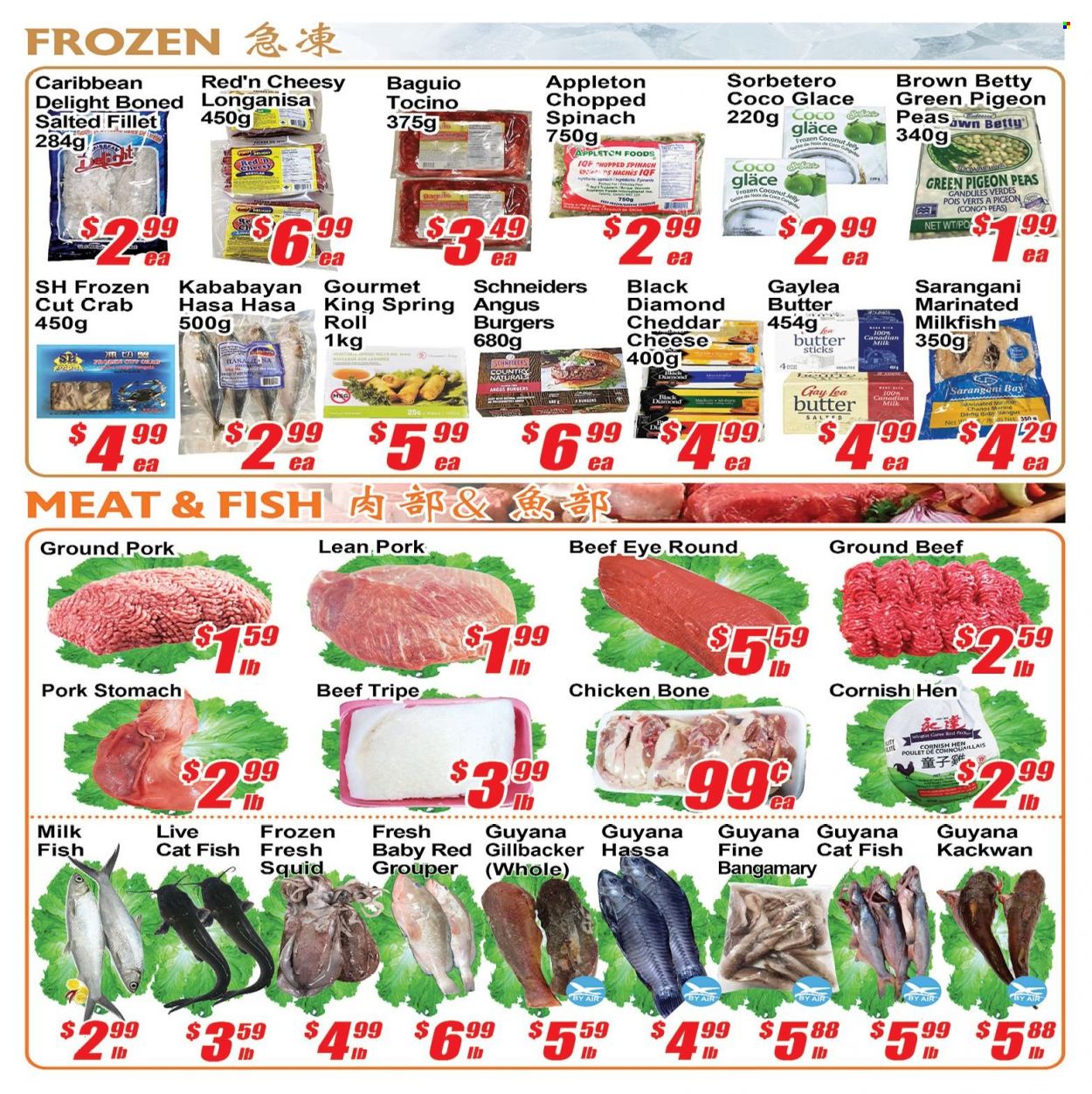 thumbnail - Jian Hing Supermarket Flyer - May 13, 2022 - May 19, 2022 - Sales products - spinach, peas, grouper, squid, crab, fish, milkfish, hamburger, cheese, milk, butter, jelly, toor dal, cornish hen, beef meat, beef tripe, ground beef, eye of round, ground pork. Page 2.