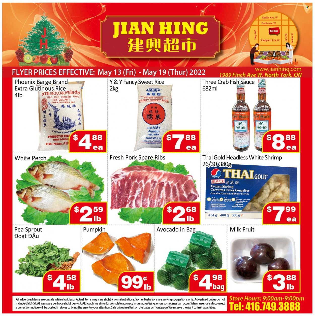 thumbnail - Jian Hing Supermarket Flyer - May 13, 2022 - May 19, 2022 - Sales products - pumpkin, avocado, perch, crab, fish, shrimps, sauce, milk, rice, fish sauce, tea, pork meat, pork ribs, pork spare ribs. Page 1.