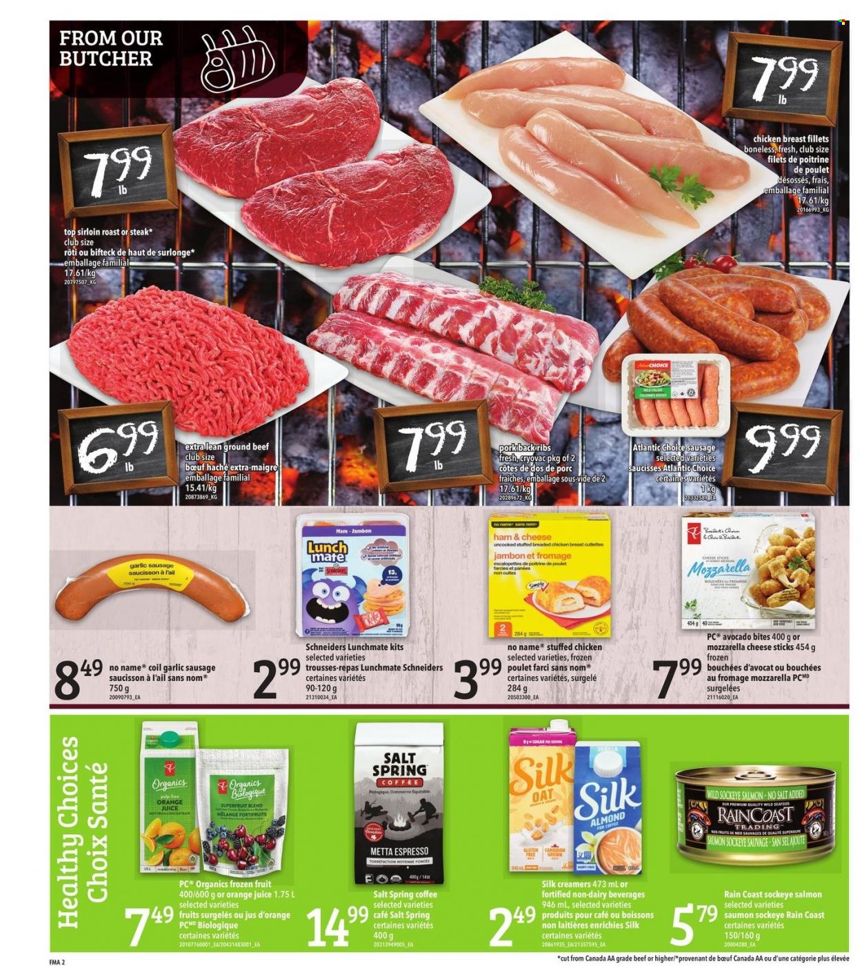 thumbnail - Freshmart Flyer - May 12, 2022 - May 18, 2022 - Sales products - garlic, avocado, salmon, seafood, No Name, fried chicken, stuffed chicken, ham, sausage, Silk, cheese sticks, oats, orange juice, juice, chicken, beef meat, ground beef, pork meat, pork ribs, pork back ribs, mozzarella, steak. Page 2.
