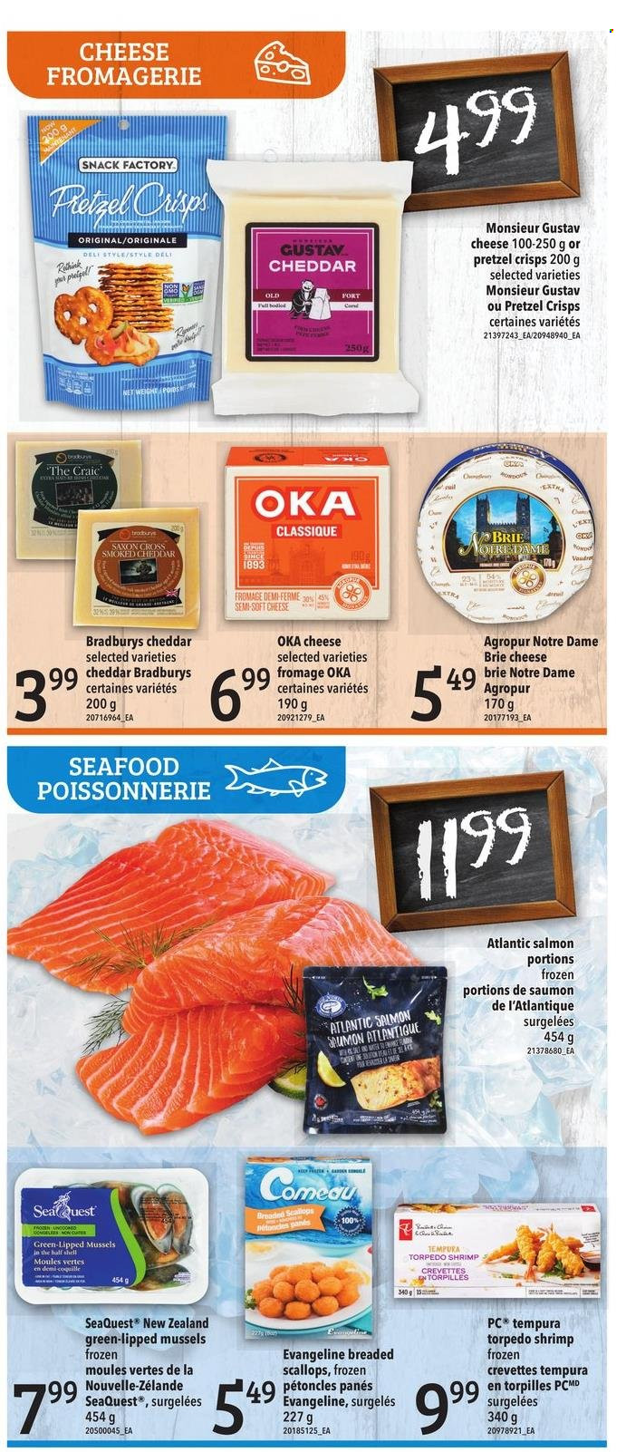 thumbnail - Freshmart Flyer - May 12, 2022 - May 18, 2022 - Sales products - mussels, salmon, scallops, seafood, shrimps, soft cheese, cheddar, cheese, brie, snack, pretzel crisps, XTRA. Page 6.