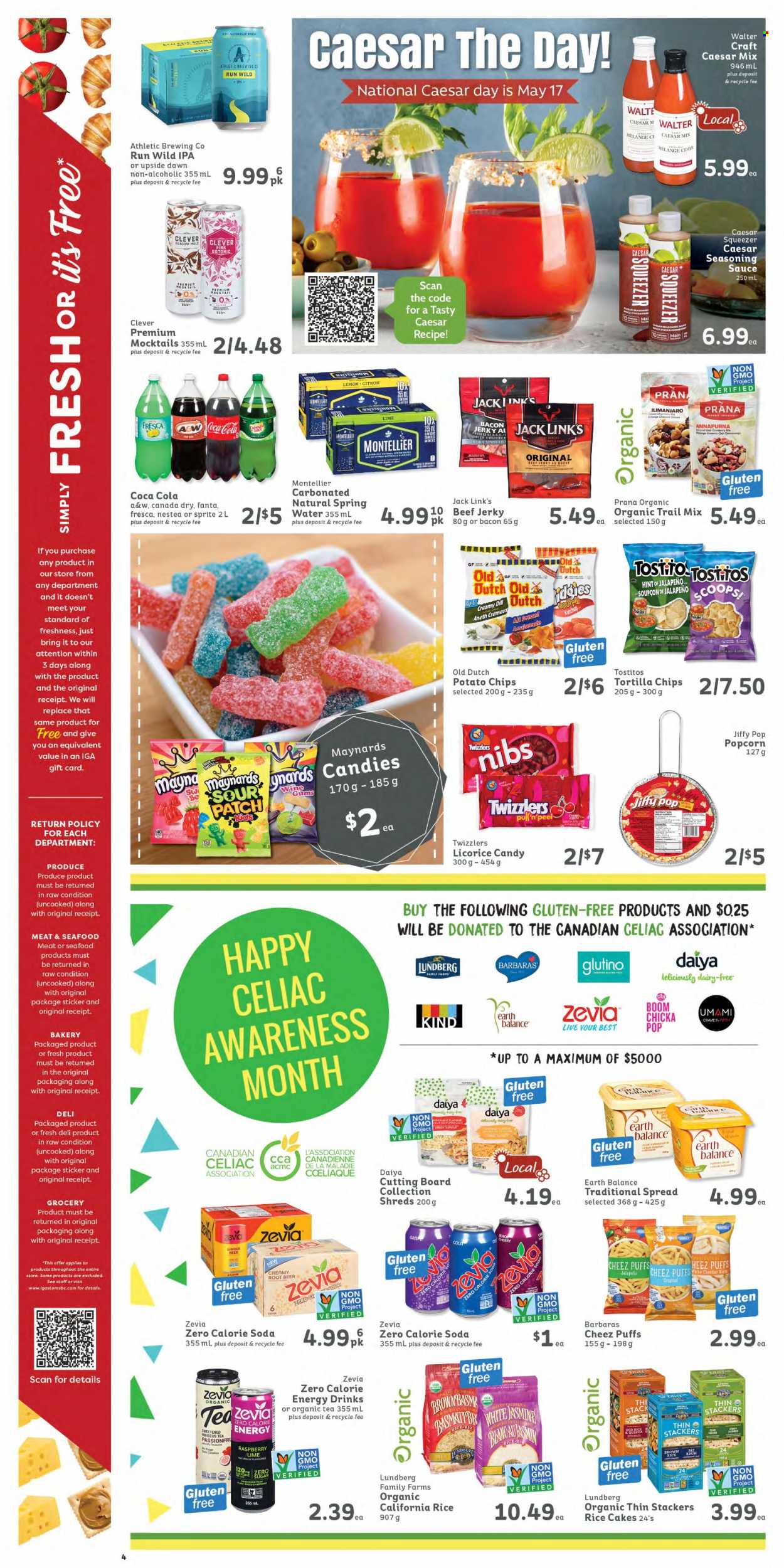 thumbnail - IGA Simple Goodness Flyer - May 13, 2022 - May 19, 2022 - Sales products - puffs, jalapeño, cherries, seafood, sauce, bacon, beef jerky, jerky, sour patch, tortilla chips, potato chips, chips, popcorn, Tostitos, Jack Link's, rice, dill, spice, trail mix, Canada Dry, Sprite, Fanta, energy drink, A&W, soda, tea, beer, IPA, quinoa, ketchup, ginger beer. Page 4.