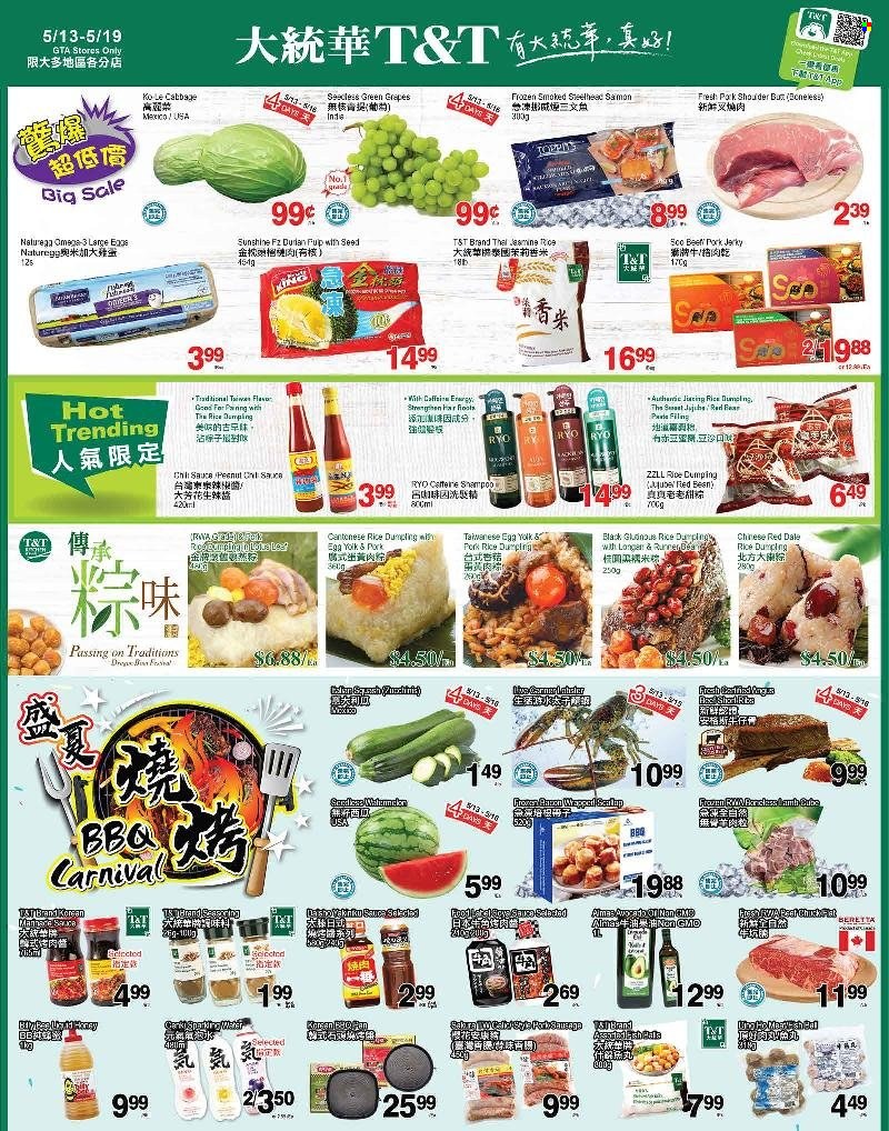 thumbnail - T&T Supermarket Flyer - May 13, 2022 - May 19, 2022 - Sales products - sauce, jerky, eggs, Sunshine, rice, Omega-3, shampoo. Page 1.