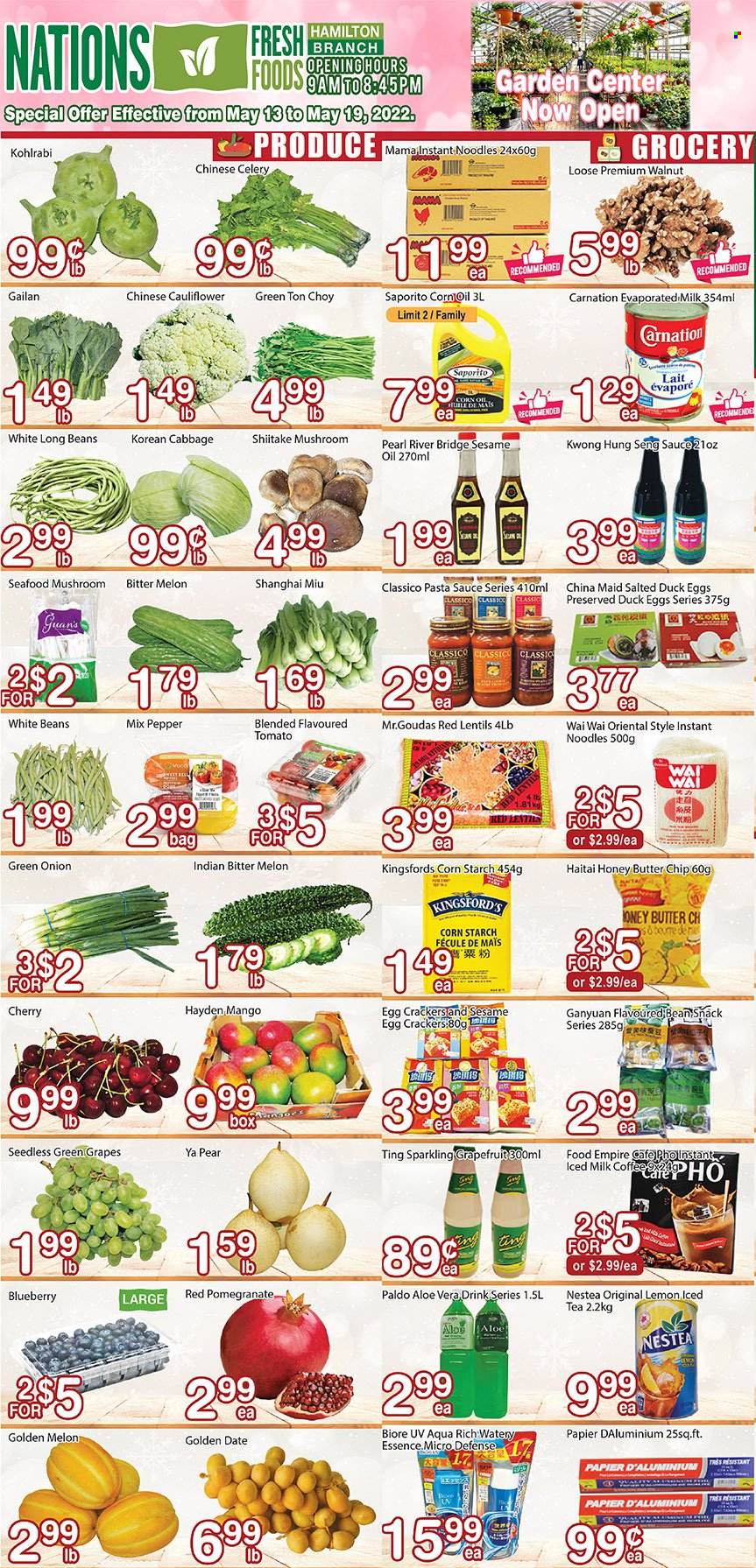 thumbnail - Nations Fresh Foods Flyer - May 13, 2022 - May 19, 2022 - Sales products - mushrooms, cabbage, celery, onion, green onion, grapefruits, grapes, mango, cherries, pears, melons, pomegranate, seafood, pasta sauce, instant noodles, sauce, noodles, milk, eggs, butter, crackers, lentils, red lentils, pepper, Classico, sesame oil, oil, honey, ice tea, coffee, kohlrabi. Page 1.
