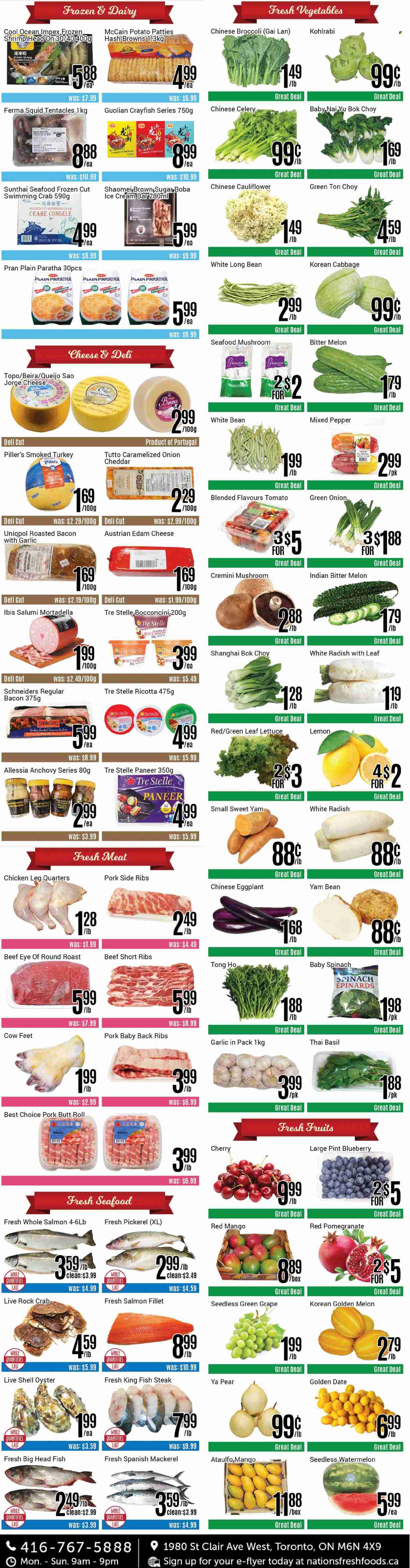 thumbnail - Nations Fresh Foods Flyer - May 13, 2022 - May 19, 2022 - Sales products - mushrooms, bok choy, broccoli, cabbage, cauliflower, celery, radishes, spinach, onion, lettuce, eggplant, white radish, green onion, mango, watermelon, cherries, pears, melons, pomegranate, mackerel, salmon, salmon fillet, squid, oysters, seafood, crab, fish, king fish, shrimps, fish steak, walleye, bacon, mortadella, bocconcini, edam cheese, cheddar, paneer, ice cream, McCain, hash browns, cane sugar, anchovies, esponja, tea, turkey breast, chicken legs, turkey, beef meat, beef ribs, eye of round, round roast, roast beef, pork meat, pork ribs, pork back ribs, Rin, kohlrabi, ricotta, chinese broccoli, steak. Page 2.