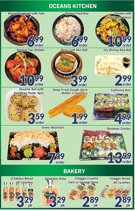 thumbnail - Oceans Flyer - May 13, 2022 - May 19, 2022 - Sales products - bread, buns, eggplant, shrimps, sauce, ham, sausage, curd, butter. Page 4.