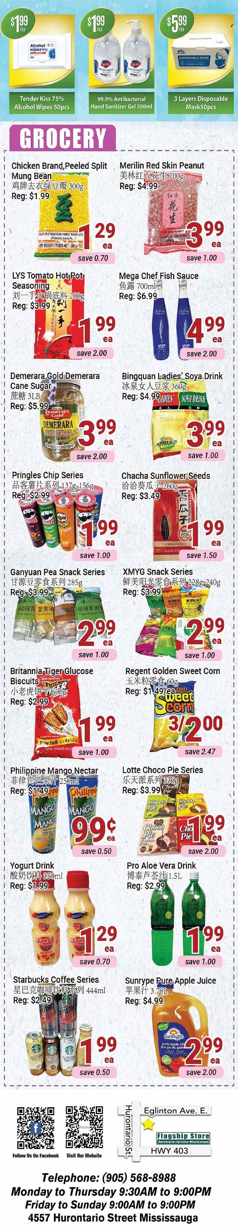 thumbnail - Oceans Flyer - May 13, 2022 - May 19, 2022 - Sales products - pie, corn, peas, sweet corn, mango, fish, sauce, yoghurt, yoghurt drink, snack, biscuit, Pringles, cane sugar, demerara sugar, sugar, spice, fish sauce, sunflower seeds, apple juice, juice, coffee, Starbucks, wipes, hand sanitizer, disposable mask. Page 3.