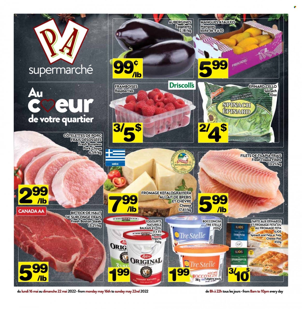 thumbnail - PA Supermarché Flyer - May 16, 2022 - May 22, 2022 - Sales products - spinach, eggplant, mango, tilapia, bocconcini, cheese, feta, pork chops, pork meat, steak. Page 1.