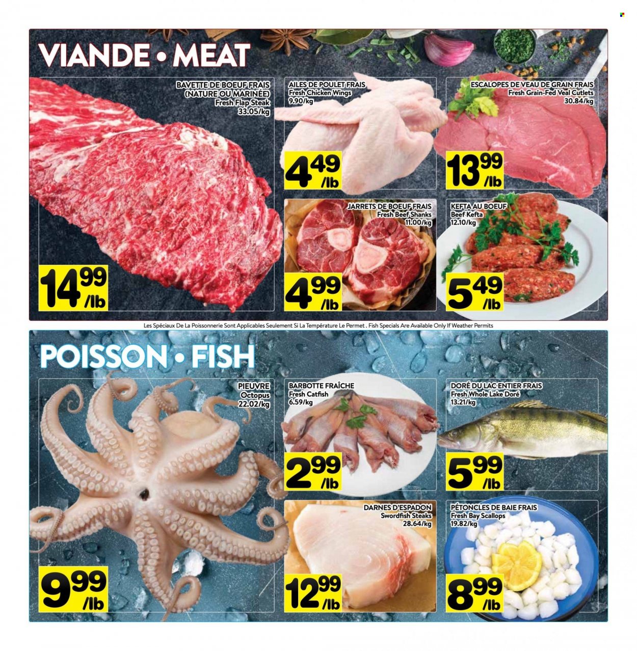 thumbnail - PA Supermarché Flyer - May 16, 2022 - May 22, 2022 - Sales products - catfish, scallops, swordfish, octopus, fish, chicken wings, beef meat, veal cutlet, veal meat, flap steak, steak. Page 2.