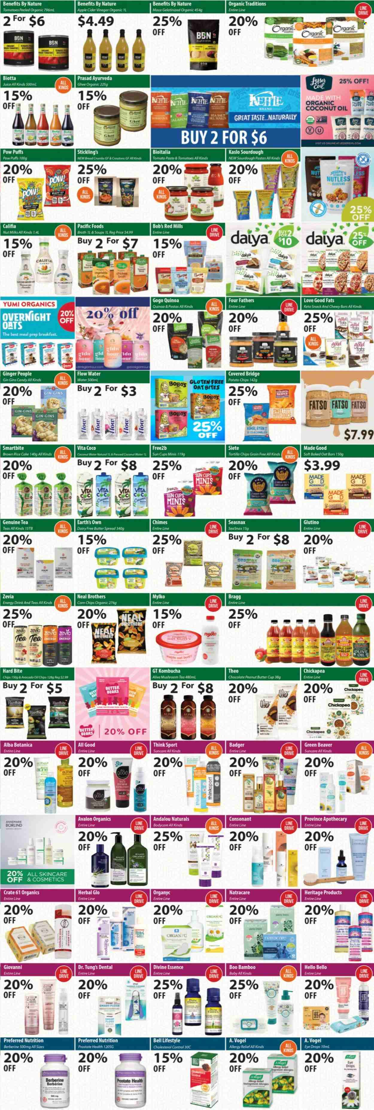 thumbnail - Healthy Planet Flyer - May 12, 2022 - June 15, 2022 - Sales products - chocolate, snack, peanut butter cups, tortilla chips, potato chips, chips, corn chips, croutons, chicken broth, broth, tomato paste, mushrooms, puffs, brown rice, rice, ginger, apple cider vinegar, avocado oil, coconut oil, oil, peanut butter, juice, energy drink, coconut water, flavored water, kombucha, tea, gin, BROTHERS, Organyc, eye drops, allergy relief, quinoa, shampoo. Page 4.