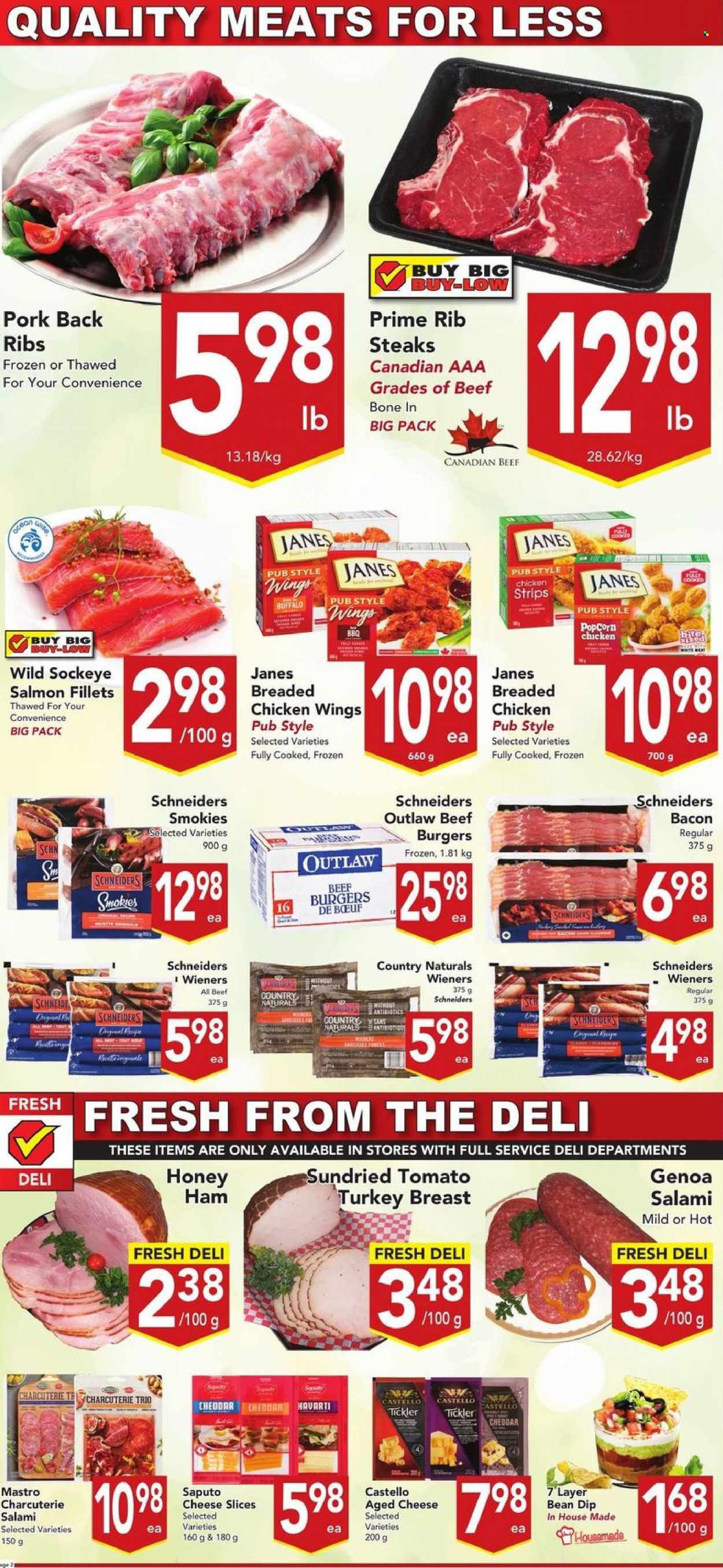 thumbnail - Buy-Low Foods Flyer - May 15, 2022 - May 21, 2022 - Sales products - salmon, salmon fillet, hamburger, fried chicken, beef burger, salami, ham, sliced cheese, Havarti, cheddar, cheese, dip, strips, chicken strips, popcorn, dried tomatoes, turkey breast, turkey, pork meat, pork ribs, pork back ribs, beef bone, steak. Page 3.