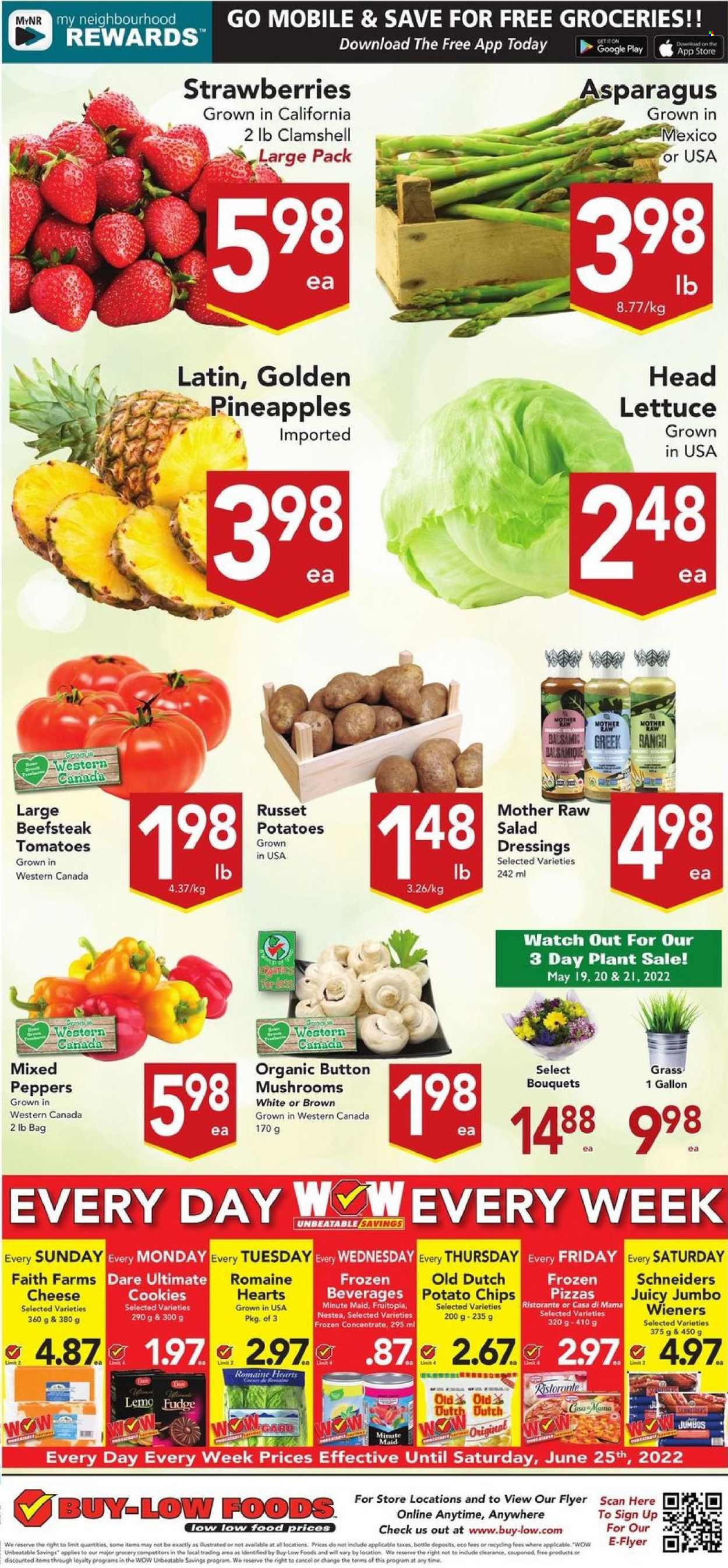 thumbnail - Buy-Low Foods Flyer - May 15, 2022 - May 21, 2022 - Sales products - mushrooms, asparagus, russet potatoes, tomatoes, lettuce, peppers, strawberries, pineapple, pizza, cheese, cookies, fudge, potato chips, fruit punch. Page 7.