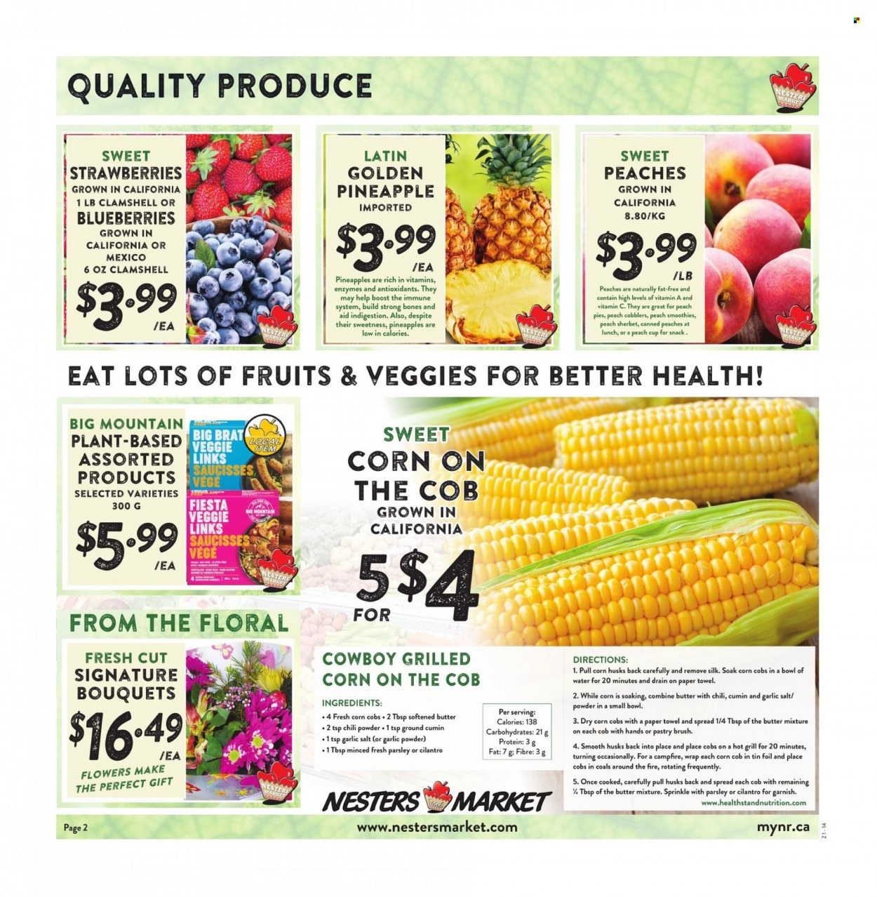 thumbnail - Nesters Food Market Flyer - May 15, 2022 - May 21, 2022 - Sales products - corn, parsley, pineapple, peaches, Silk, butter, sherbet, snack, cilantro, cumin, garlic powder, smoothie, Boost, bouquet, vitamin c. Page 2.