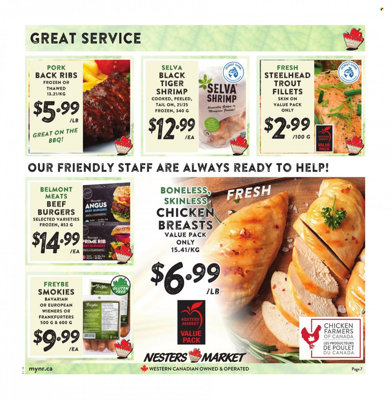 thumbnail - Nesters Food Market Flyer - May 15, 2022 - May 21, 2022 - Sales products - trout, shrimps, hamburger, beef burger, chicken breasts, beef meat. Page 7.