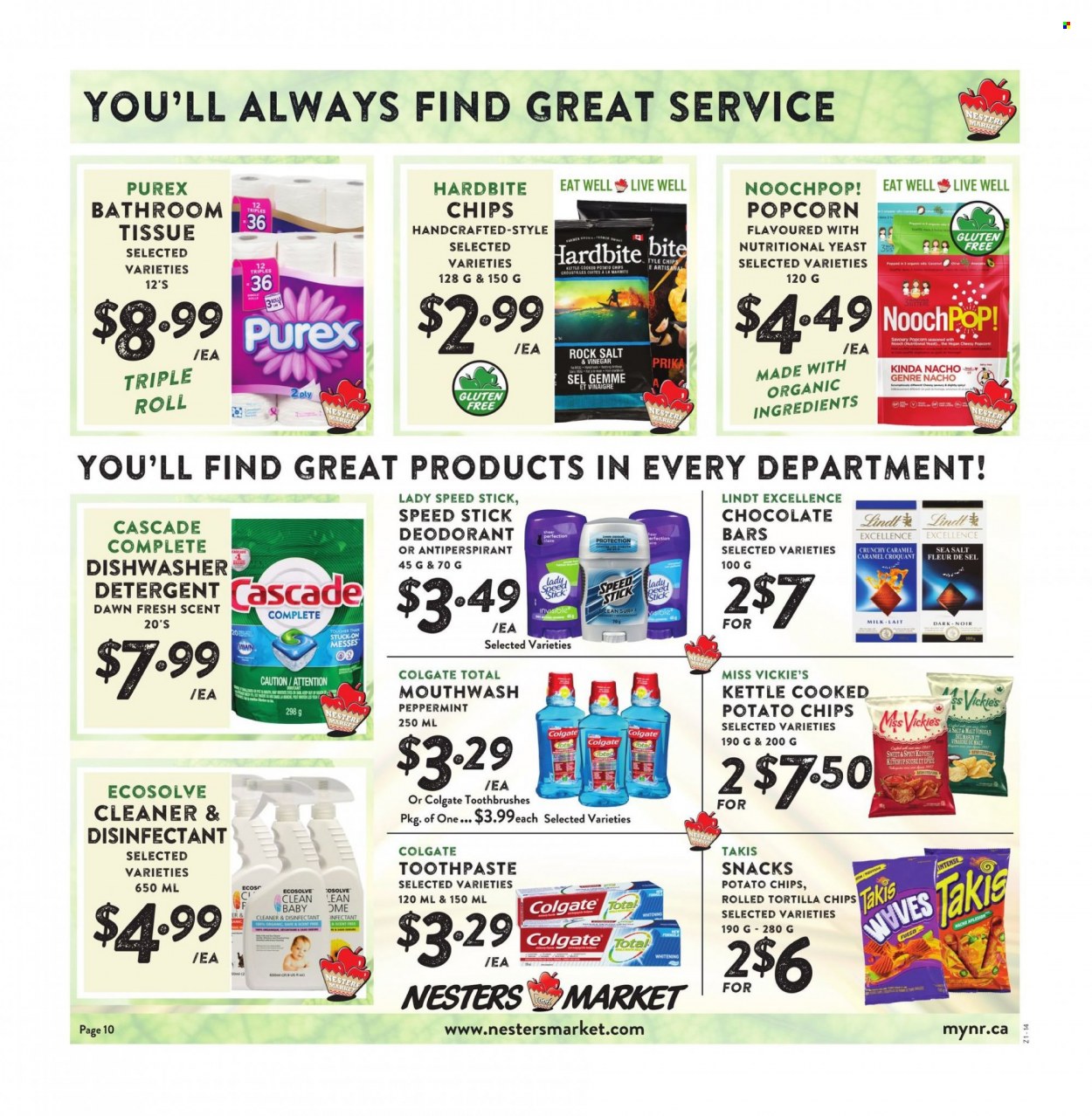 thumbnail - Nesters Food Market Flyer - May 15, 2022 - May 21, 2022 - Sales products - milk, snack, chocolate bar, tortilla chips, potato chips, chips, popcorn, malt, caramel, tissues, cleaner, Cascade, Purex, toothpaste, mouthwash, anti-perspirant, Speed Stick, Sure, detergent, Colgate, ketchup, Lindt, desinfection, deodorant. Page 10.