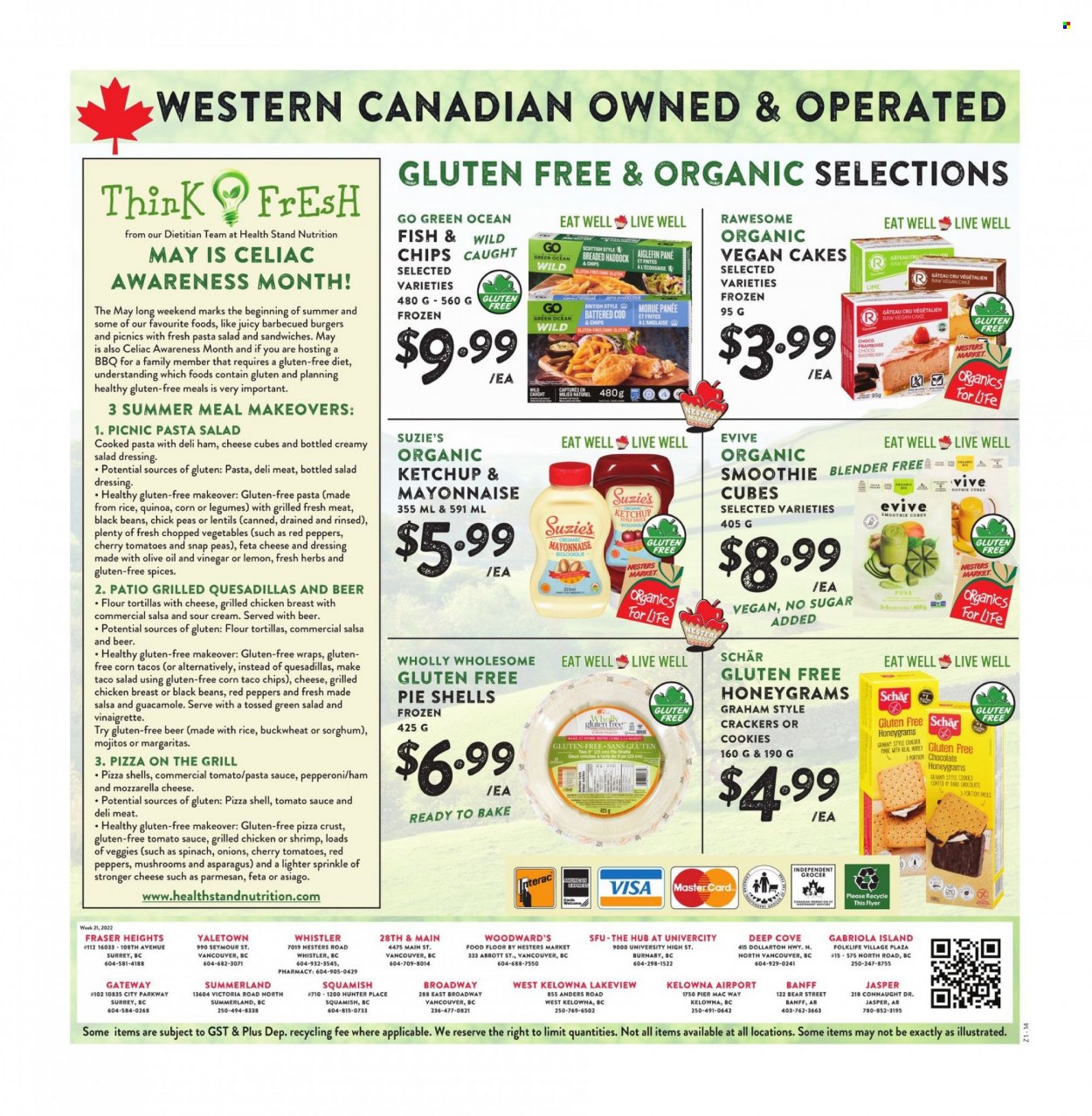thumbnail - Nesters Food Market Flyer - May 15, 2022 - May 21, 2022 - Sales products - tortillas, cake, tacos, flour tortillas, wraps, asparagus, beans, corn, salad greens, snap peas, tomatoes, onion, red peppers, diced vegetables, haddock, fish, pizza, pasta sauce, sandwich, hamburger, chicken breasts, guacamole, pasta salad, asiago, parmesan, feta, frozen vegetables, chocolate, crackers, pie crust, black beans, lentils, tomato sauce, buckwheat, quinoa, chickpeas, spice, salad dressing, ketchup, dressing, salsa, alcohol, beer, Plenty. Page 12.
