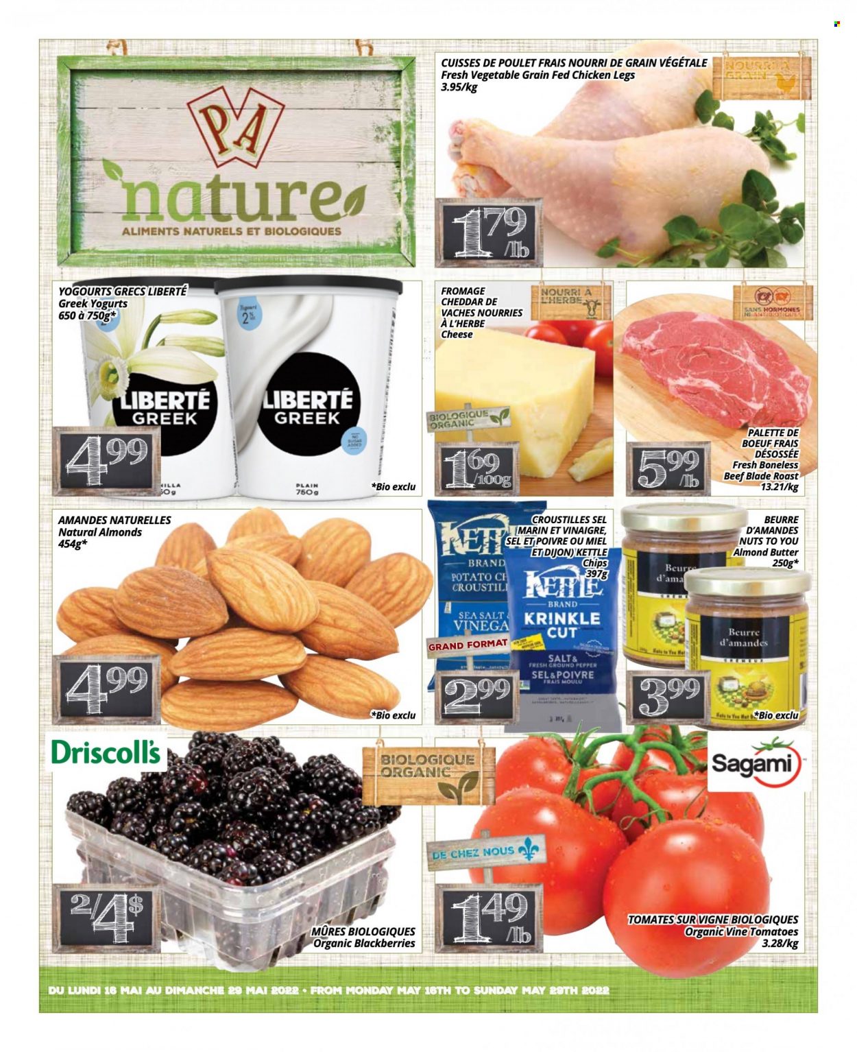 thumbnail - PA Nature Flyer - May 16, 2022 - May 29, 2022 - Sales products - blackberries, cheese, almond butter, chips, sugar, almonds, chicken legs, chicken. Page 1.