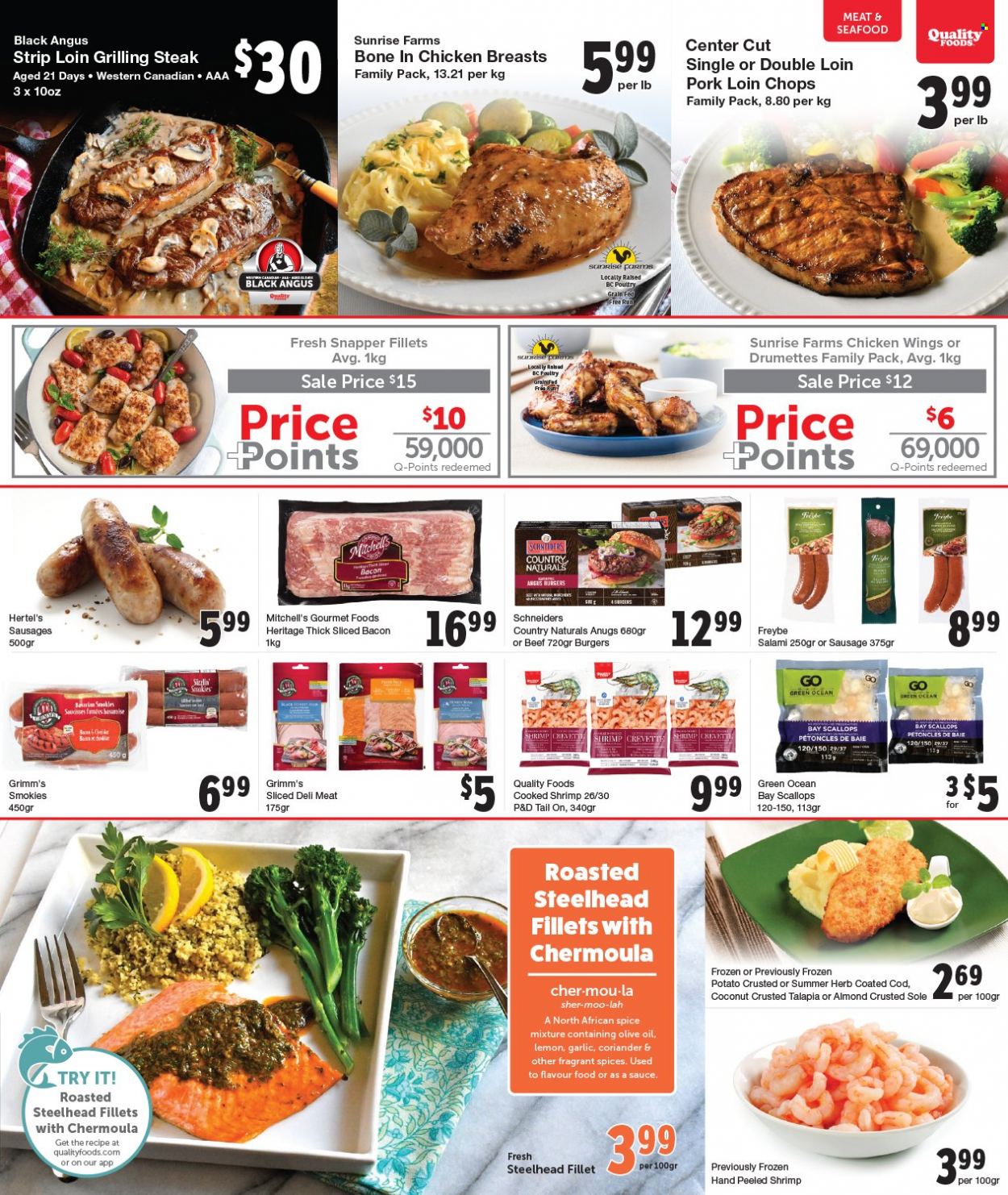 thumbnail - Quality Foods Flyer - May 16, 2022 - May 22, 2022 - Sales products - garlic, cod, scallops, seafood, hamburger, bacon, salami, sausage, chicken wings, spice, herbs, coriander, olive oil, chicken breasts, pork chops, pork loin, pork meat, steak. Page 3.