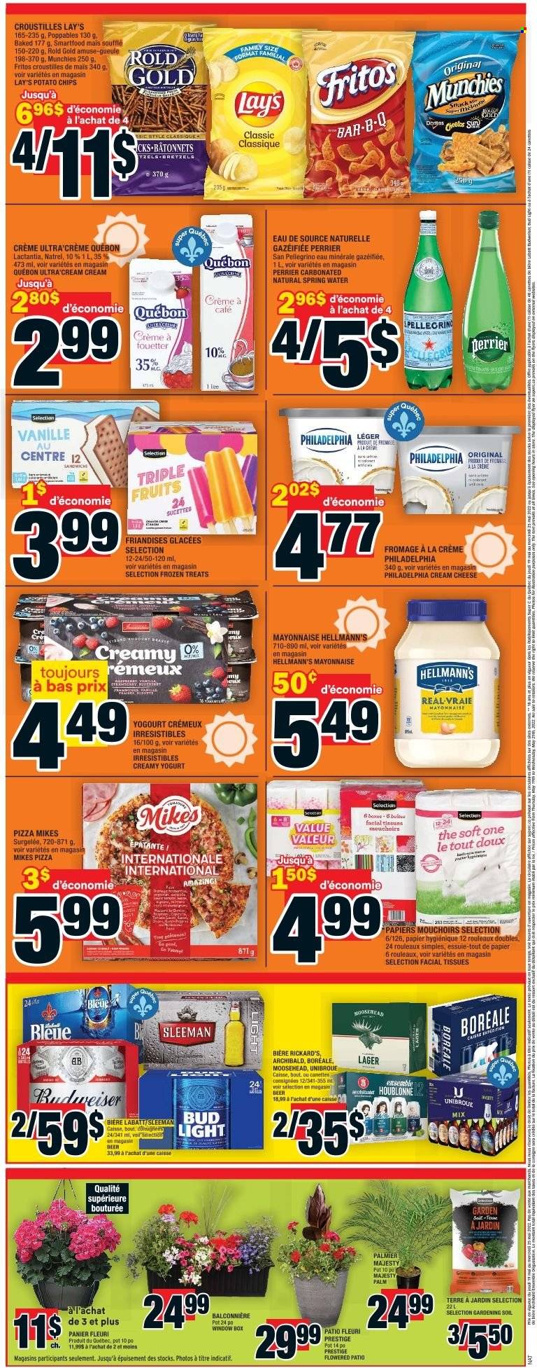 thumbnail - Super C Flyer - May 19, 2022 - May 25, 2022 - Sales products - pizza, cream cheese, yoghurt, mayonnaise, Hellmann’s, snack, Fritos, potato chips, Lay’s, Smartfood, Perrier, spring water, San Pellegrino, beer, Bud Light, Lager, tissues, facial tissues, Budweiser, Philadelphia. Page 2.