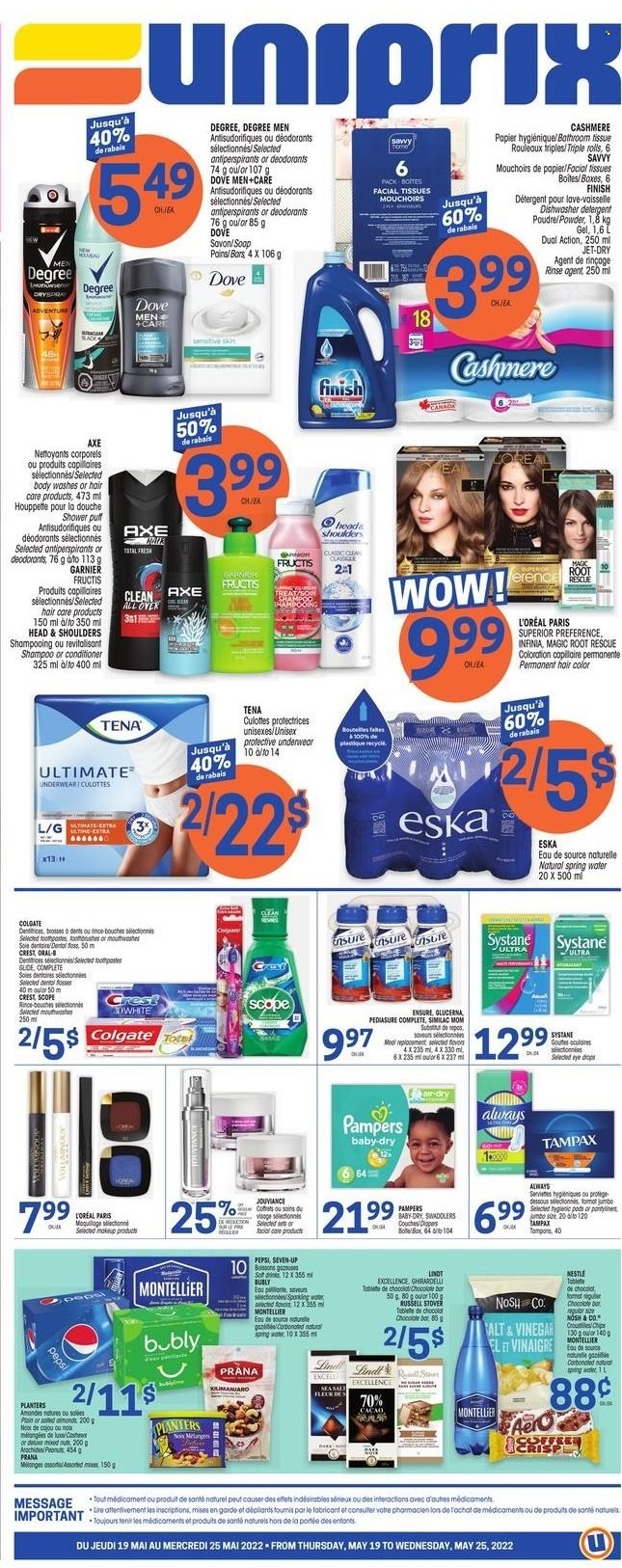 thumbnail - Uniprix Flyer - May 19, 2022 - May 25, 2022 - Sales products - chocolate bar, chips, Planters, Pepsi, spring water, Similac, nappies, bath tissue, Jet, Crest, facial tissues, L’Oréal, conditioner, hair color, Fructis, Axe, Glucerna, detergent, Dove, Colgate, Garnier, Nestlé, shampoo, Systane, Tampax, Head & Shoulders, Pampers, deodorant. Page 1.