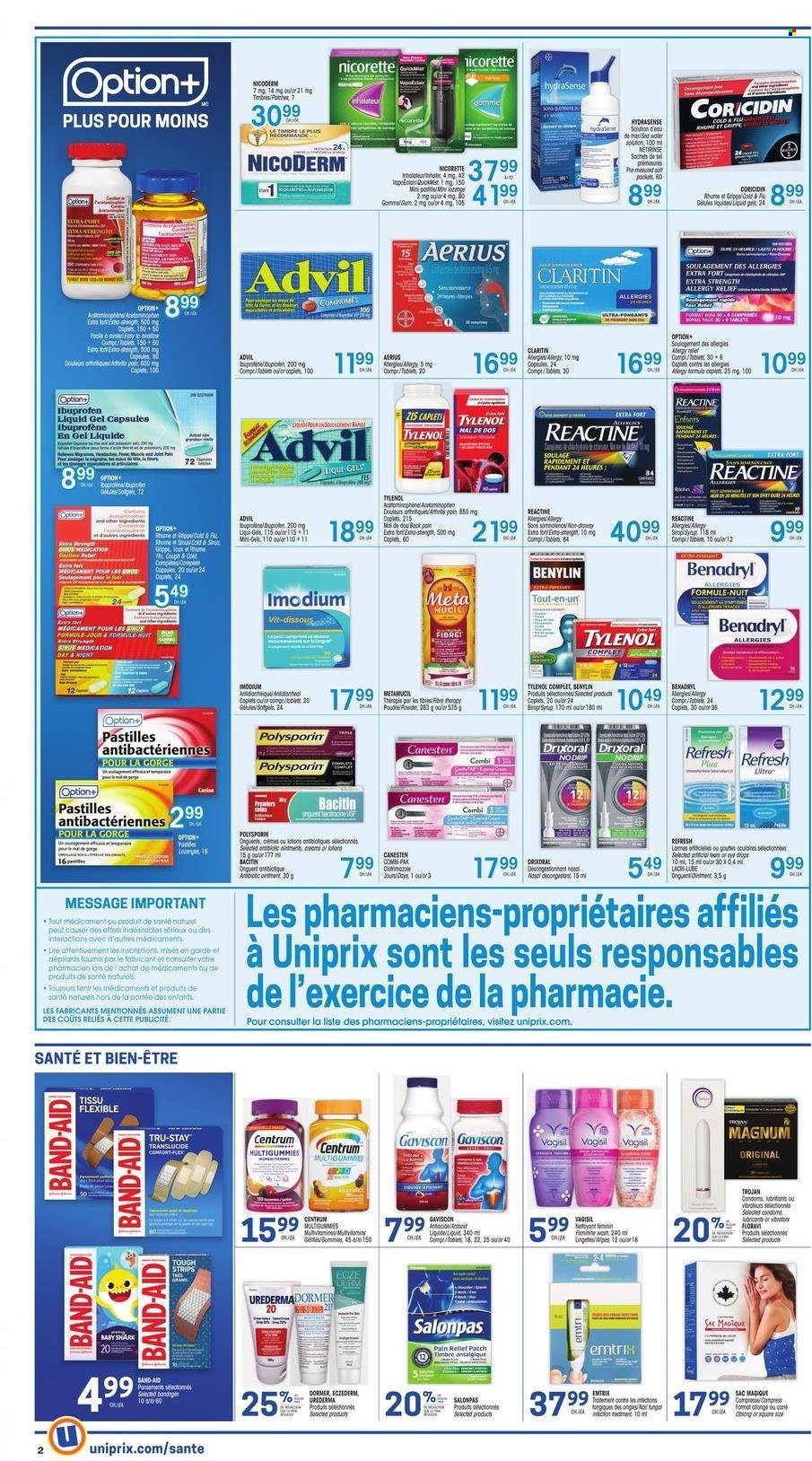 thumbnail - Uniprix Flyer - May 19, 2022 - May 25, 2022 - Sales products - pastilles, Rana, syrup, L'Or, ointment, Coricidin, NicoDerm, Nicorette, Tylenol, Ibuprofen, Advil Rapid, Gaviscon, Centrum, Metamucil, Benylin, allergy relief, band-aid, Imodium. Page 3.