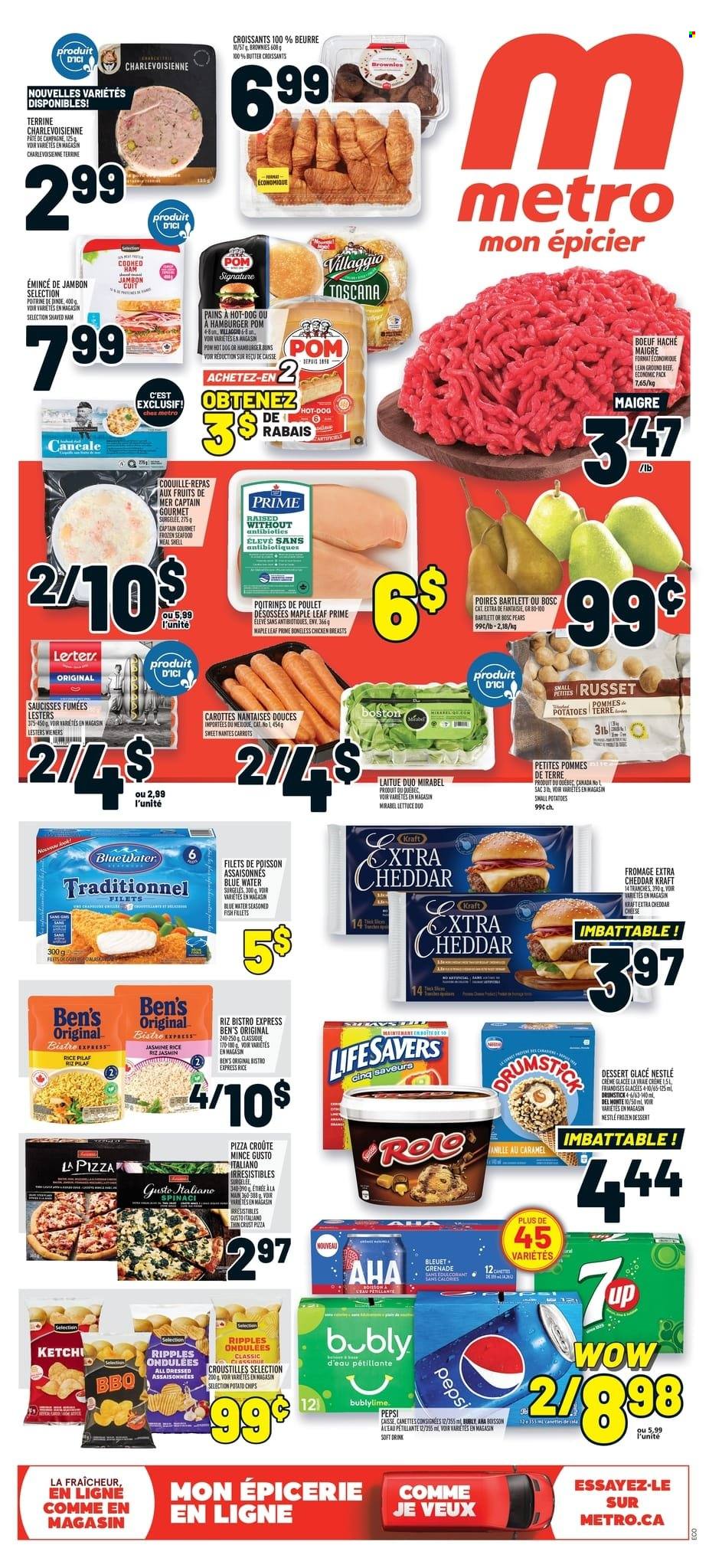thumbnail - Metro Flyer - May 19, 2022 - May 25, 2022 - Sales products - croissant, buns, burger buns, brownies, carrots, russet potatoes, potatoes, lettuce, pears, fish fillets, seafood, fish, hot dog, pizza, Kraft®, ham, cheddar, rice, jasmine rice, caramel, Pepsi, soft drink, beef meat, ground beef, Nestlé. Page 1.
