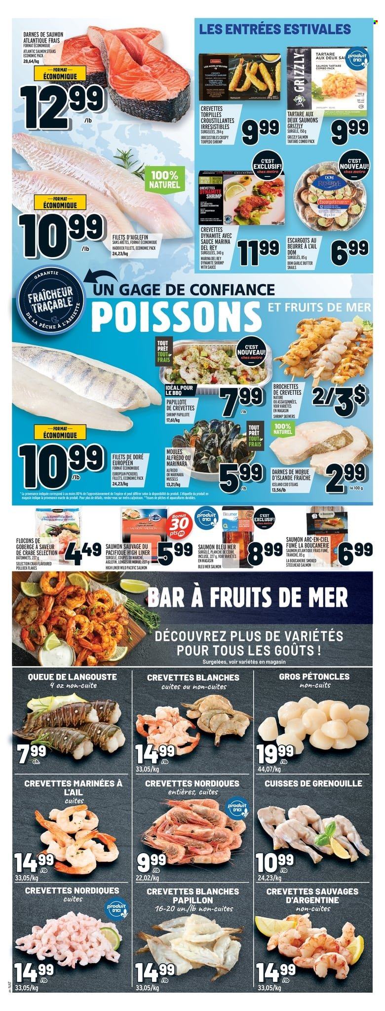 thumbnail - Metro Flyer - May 19, 2022 - May 25, 2022 - Sales products - cod, mussels, salmon, pollock, crab, shrimps, walleye, butter, steak. Page 9.