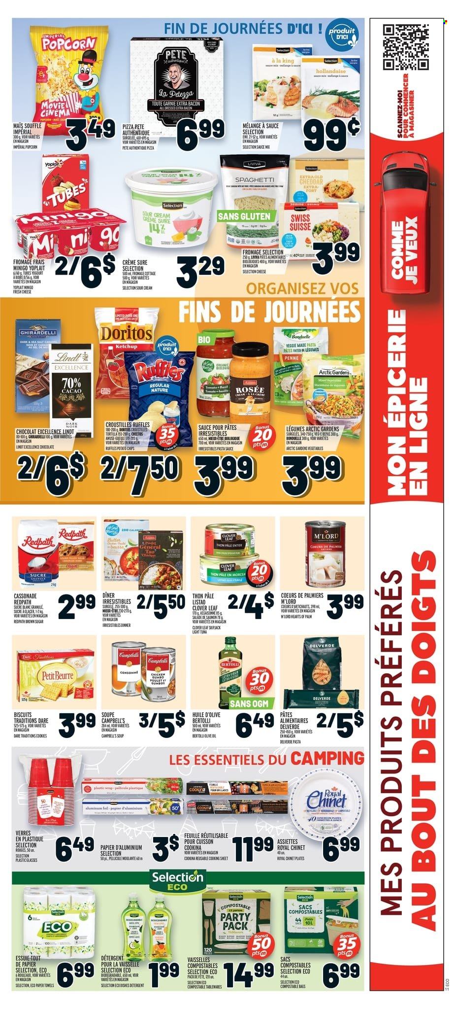 thumbnail - Metro Flyer - May 19, 2022 - May 25, 2022 - Sales products - tortillas, tuna, Campbell's, spaghetti, pizza, pasta sauce, soup, sauce, Bertolli, bacon, Clover, Yoplait, butter, sour cream, cookies, chocolate, biscuit, Ghirardelli, Doritos, potato chips, Cheetos, chips, popcorn, Ruffles, cane sugar, light tuna, penne, olive oil, kitchen towels, paper towels, Sure, bag, plate, aluminium foil, detergent, ketchup, Lindt. Page 13.