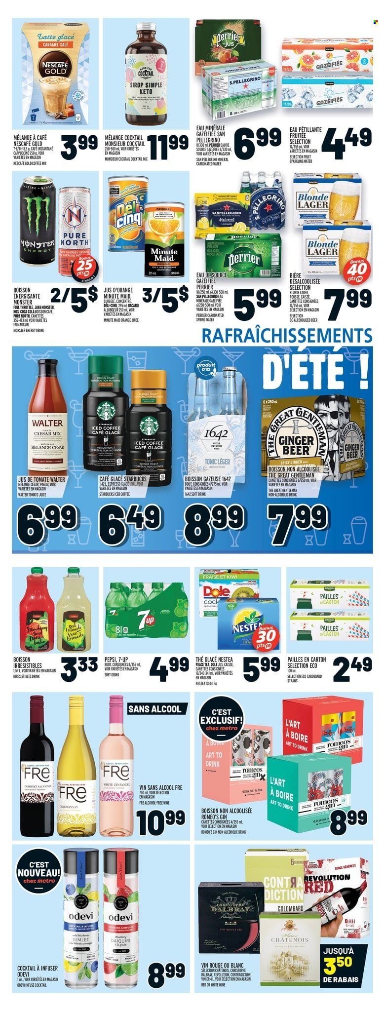 thumbnail - Metro Flyer - May 19, 2022 - May 25, 2022 - Sales products - Dole, tomato juice, Pepsi, orange juice, juice, energy drink, Monster, ice tea, soft drink, 7UP, Monster Energy, Perrier, fruit punch, spring water, San Pellegrino, iced coffee, cappuccino, Starbucks, wine, alcohol, Bacardi, gin, beer, Lager, kiwi, Nescafé, ginger beer. Page 15.