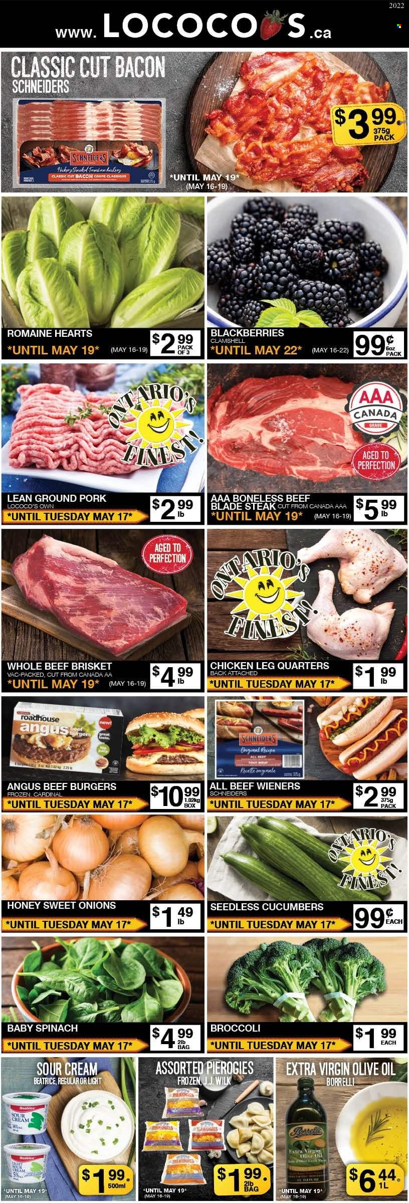 thumbnail - Lococo's Flyer - May 16, 2022 - May 19, 2022 - Sales products - broccoli, cucumber, spinach, blackberries, chicken legs, beef meat, beef brisket, ground pork, hamburger, beef burger, bacon, honey, steak. Page 1.