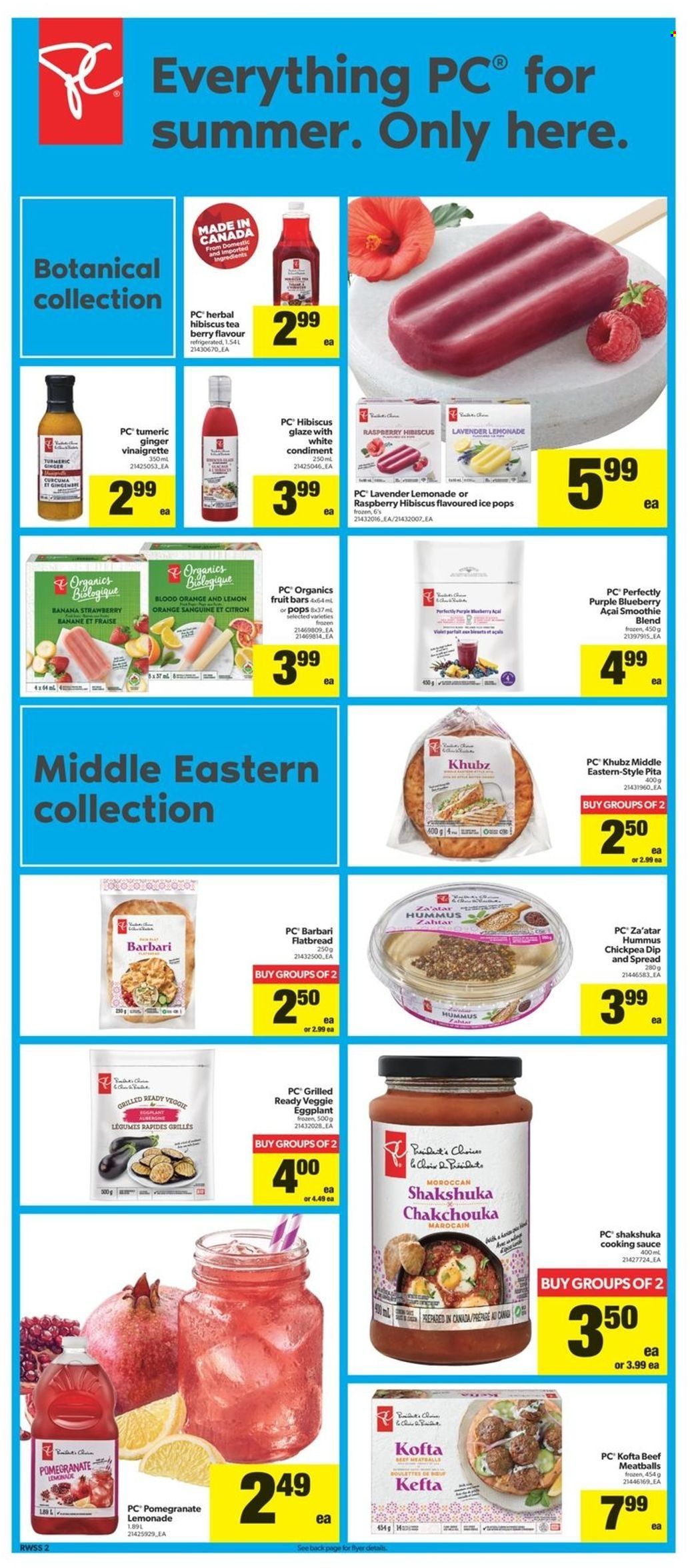 thumbnail - Real Canadian Superstore Flyer - May 19, 2022 - May 25, 2022 - Sales products - pita, flatbread, ginger, eggplant, pomegranate, meatballs, sauce, hummus, dip, turmeric, vinaigrette dressing, lemonade, smoothie, tea. Page 2.