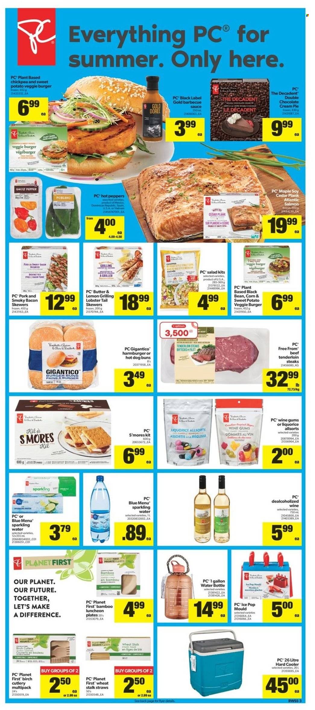 thumbnail - Real Canadian Superstore Flyer - May 19, 2022 - May 25, 2022 - Sales products - pie, buns, burger buns, cream pie, corn, salad, peppers, lobster, salmon, lobster tail, sauce, veggie burger, bacon, lunch meat, butter, pepper, ghost pepper, sparkling water, beef meat, beef tenderloin, gallon, plate, drink bottle, straw, steak. Page 3.